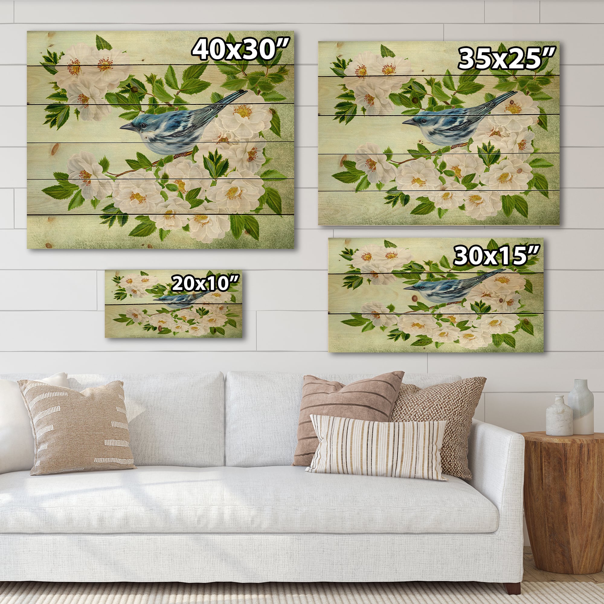 Designart - Little Blue Bird Sitting On A Branch of White Rose - Traditional Print on Natural Pine Wood