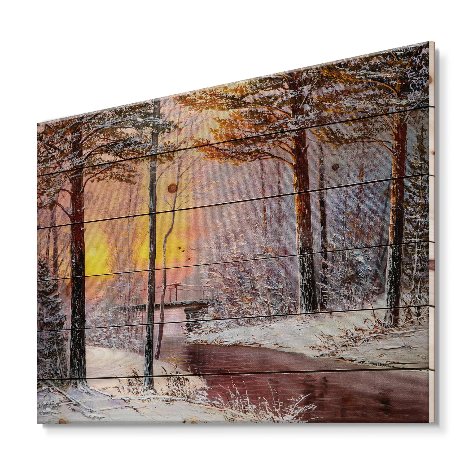 Designart Christmas Forest with River & Trees IV Print on Natural Pine Wood