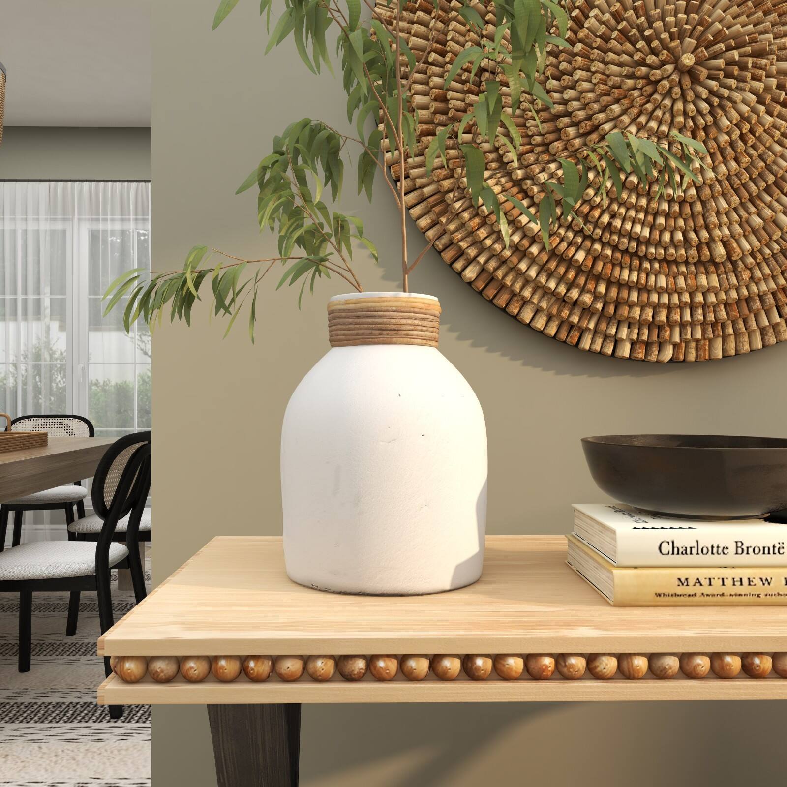 11" White Ceramic Vase with Wrapped Rattan Detailing