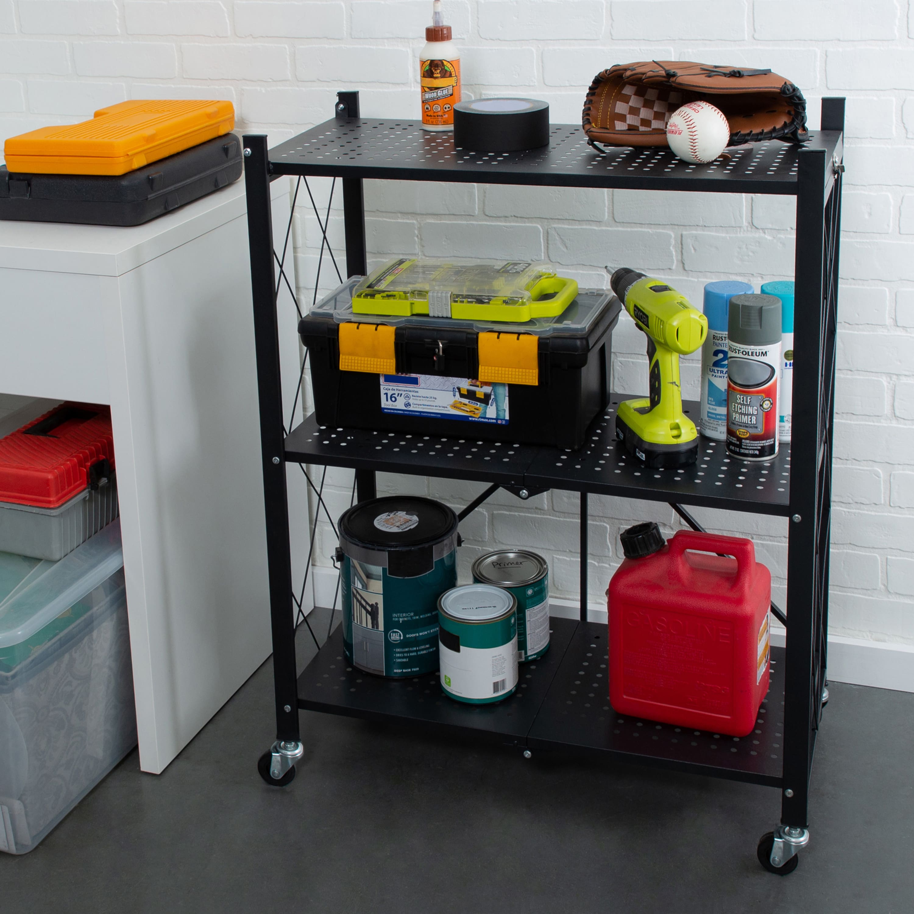 Organize It All Black 3-Tier Foldable Metal Rack with Wheels