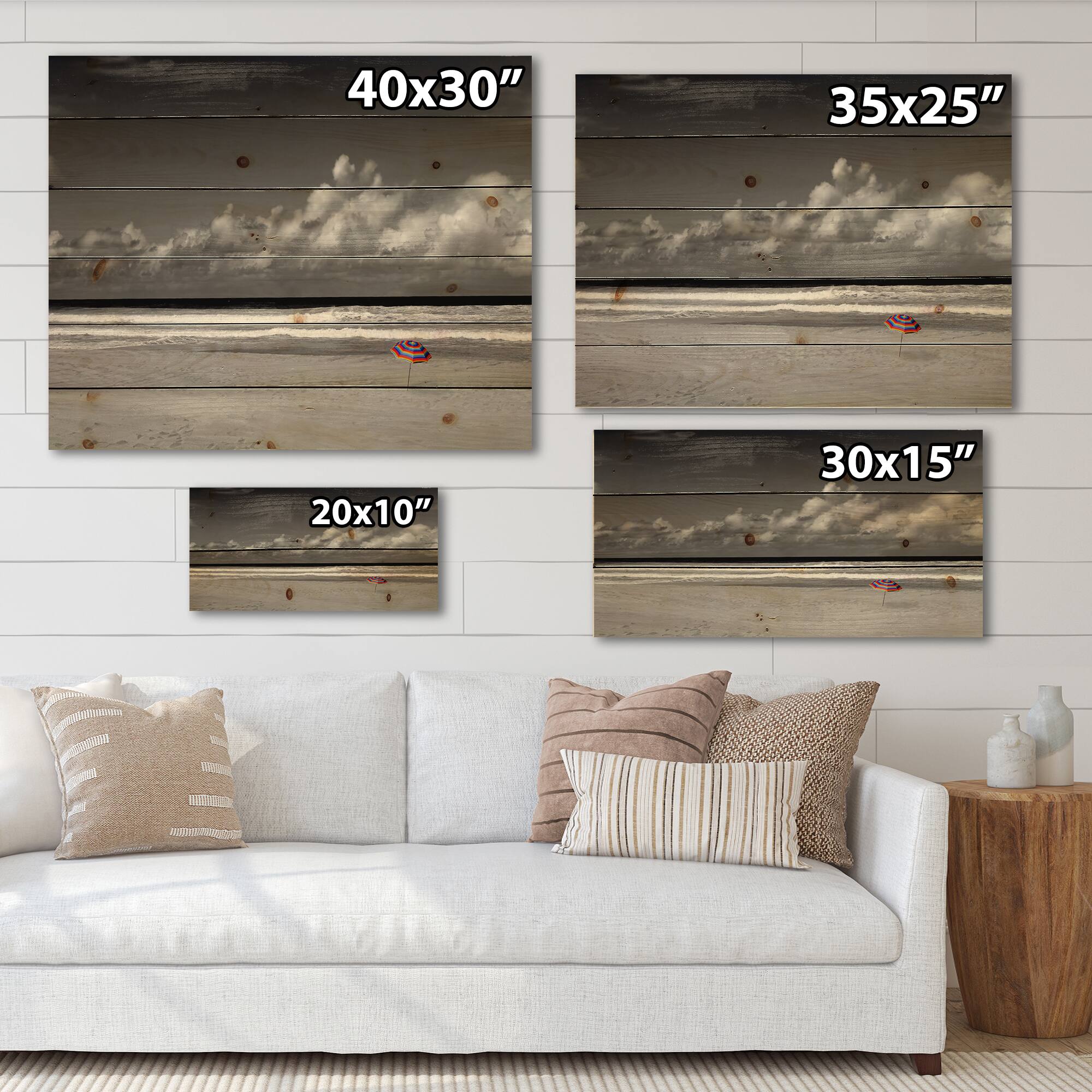 Designart - Monochrome Coastline Under Cloudy Sky - Lake House Print on Natural Pine Wood