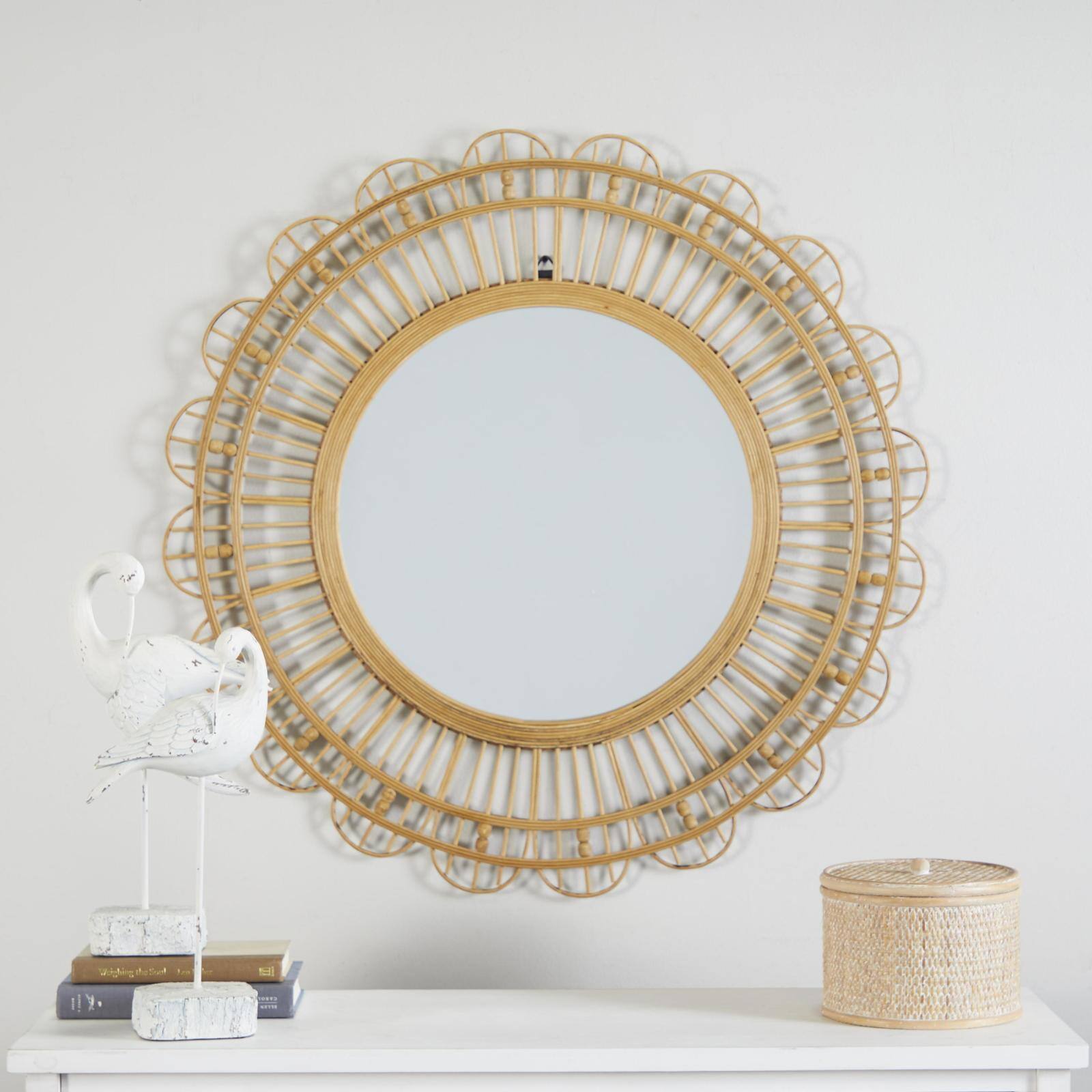 35" Brown Handmade Bamboo Woven Wall Mirror with Beaded Accents