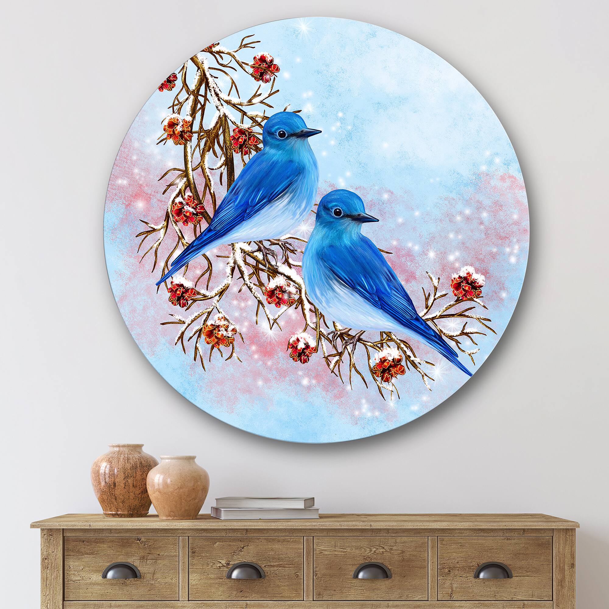 Designart - Two Blue Birds Sitting On A Branch With Berries - Traditional Metal Circle Wall Art
