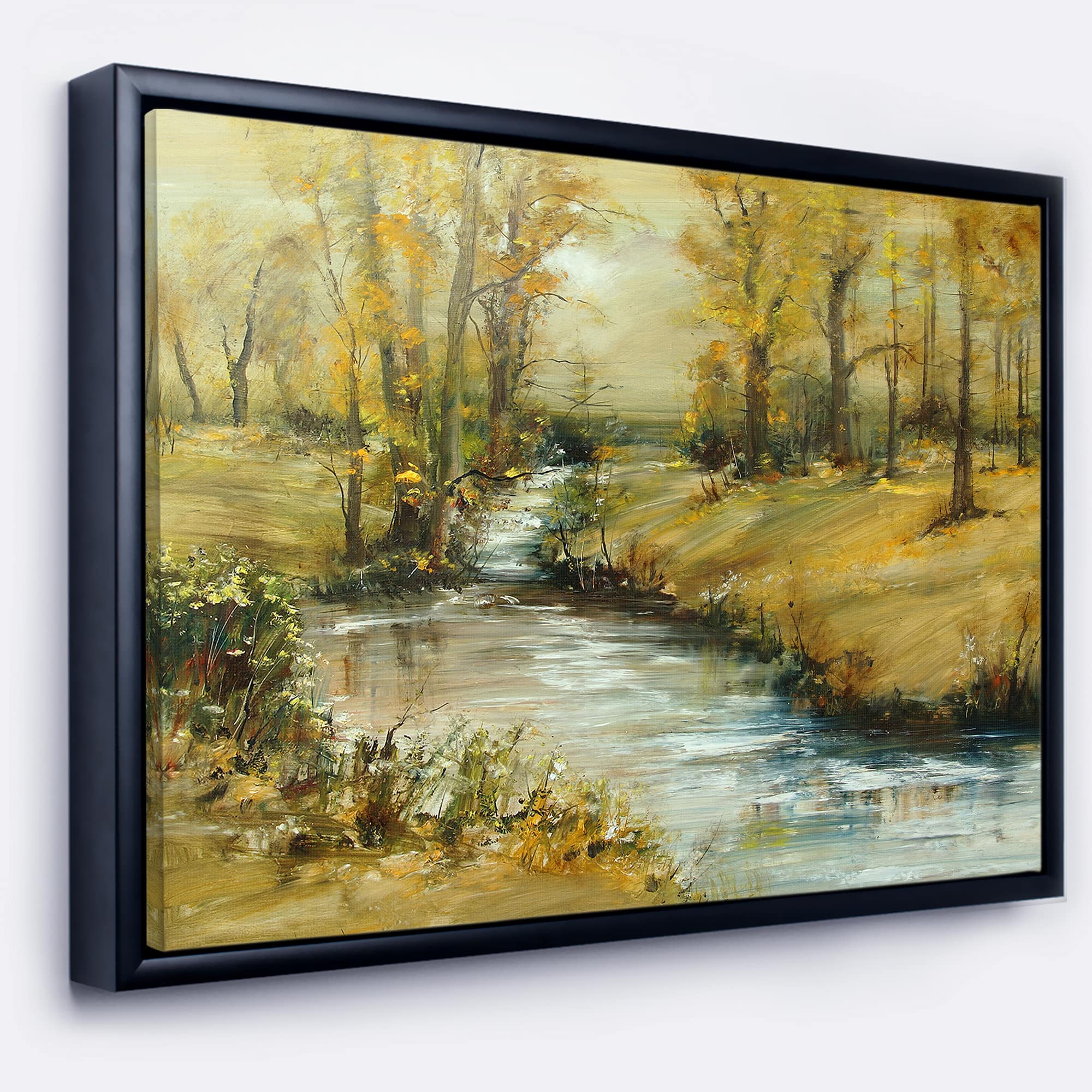 Designart - Brook in Autumn Oil Painting - Landscape Painting Canvas Print in Black Frame