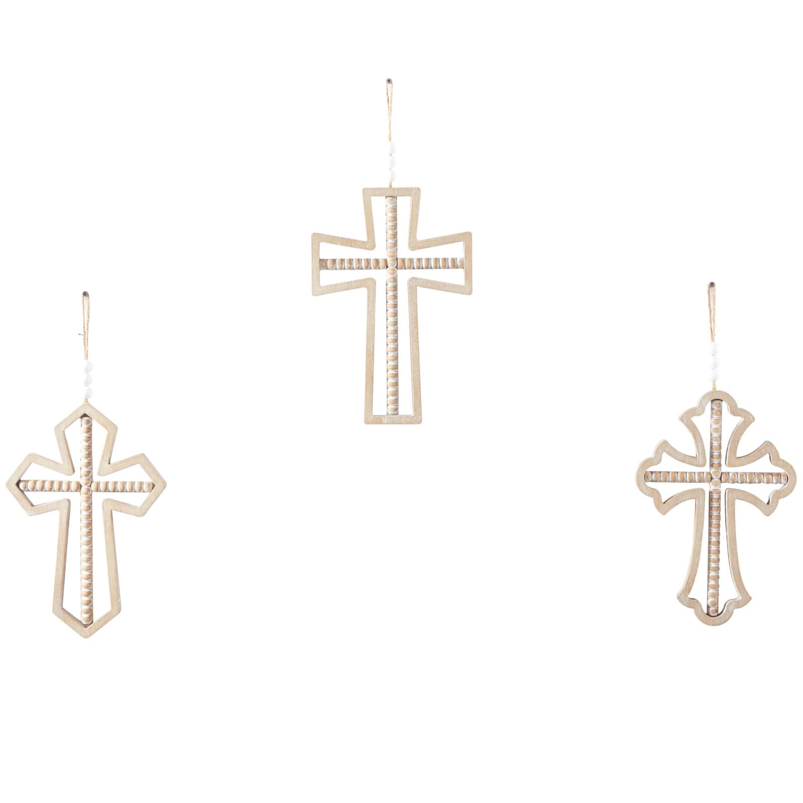 Light Brown Wood Carved Beaded Crosses Biblical Wall Decor with Rope Hanger Set of 3 9", 18"