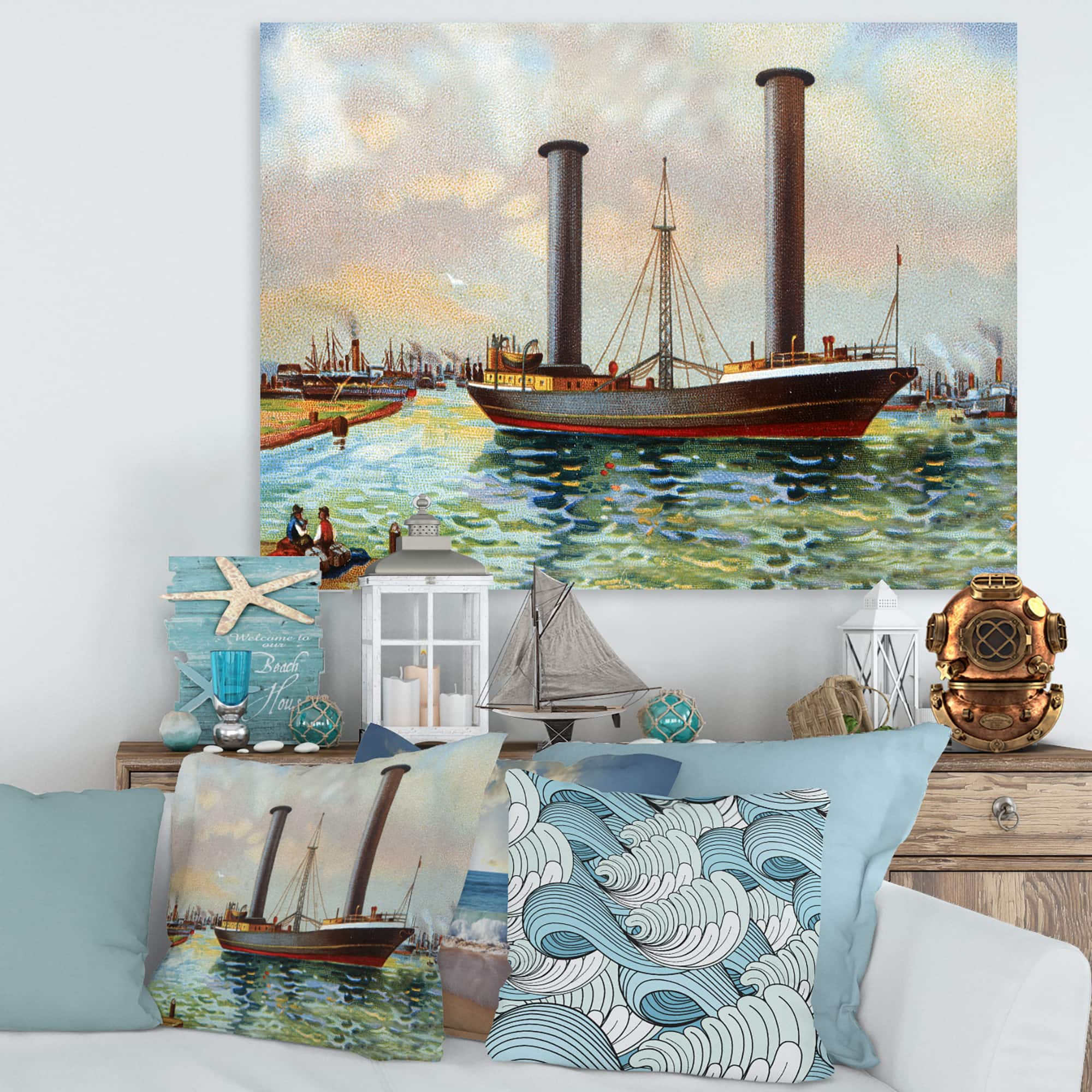 Designart - Ancient Boat Leaving The Harbor - Nautical & Coastal Canvas Wall Art Print