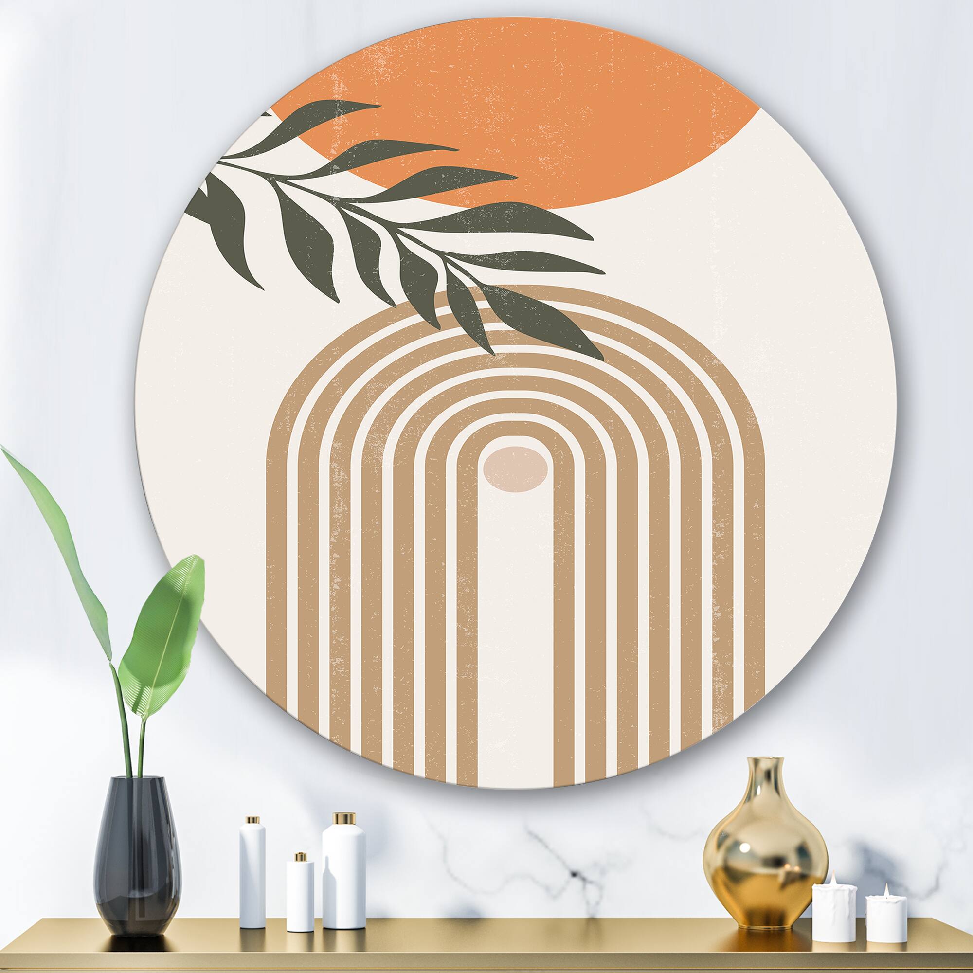 Designart - Abstract Sun Moon Leaves I - Modern Metal Circle Wall Art