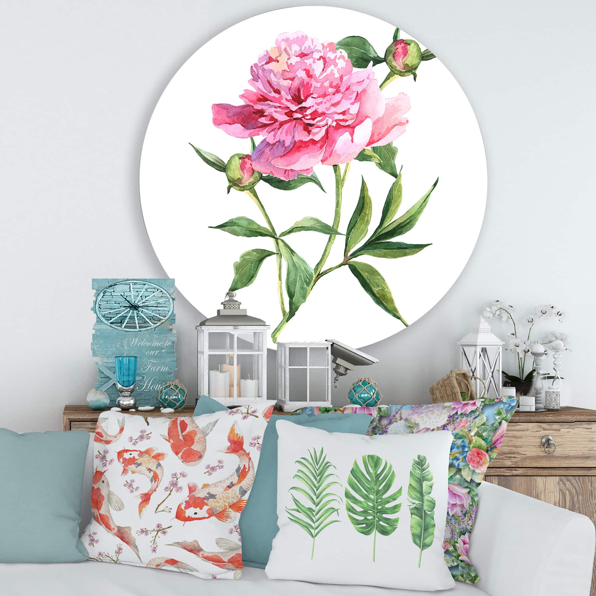 Designart - Vintage Pink Peonies - Traditional Metal Circle Wall Art