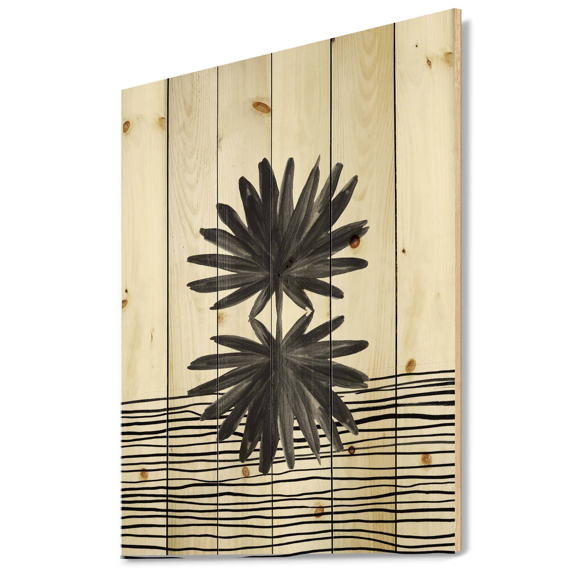 Designart - Black and White Tropical Leaf On Striped II - Modern Print on Natural Pine Wood