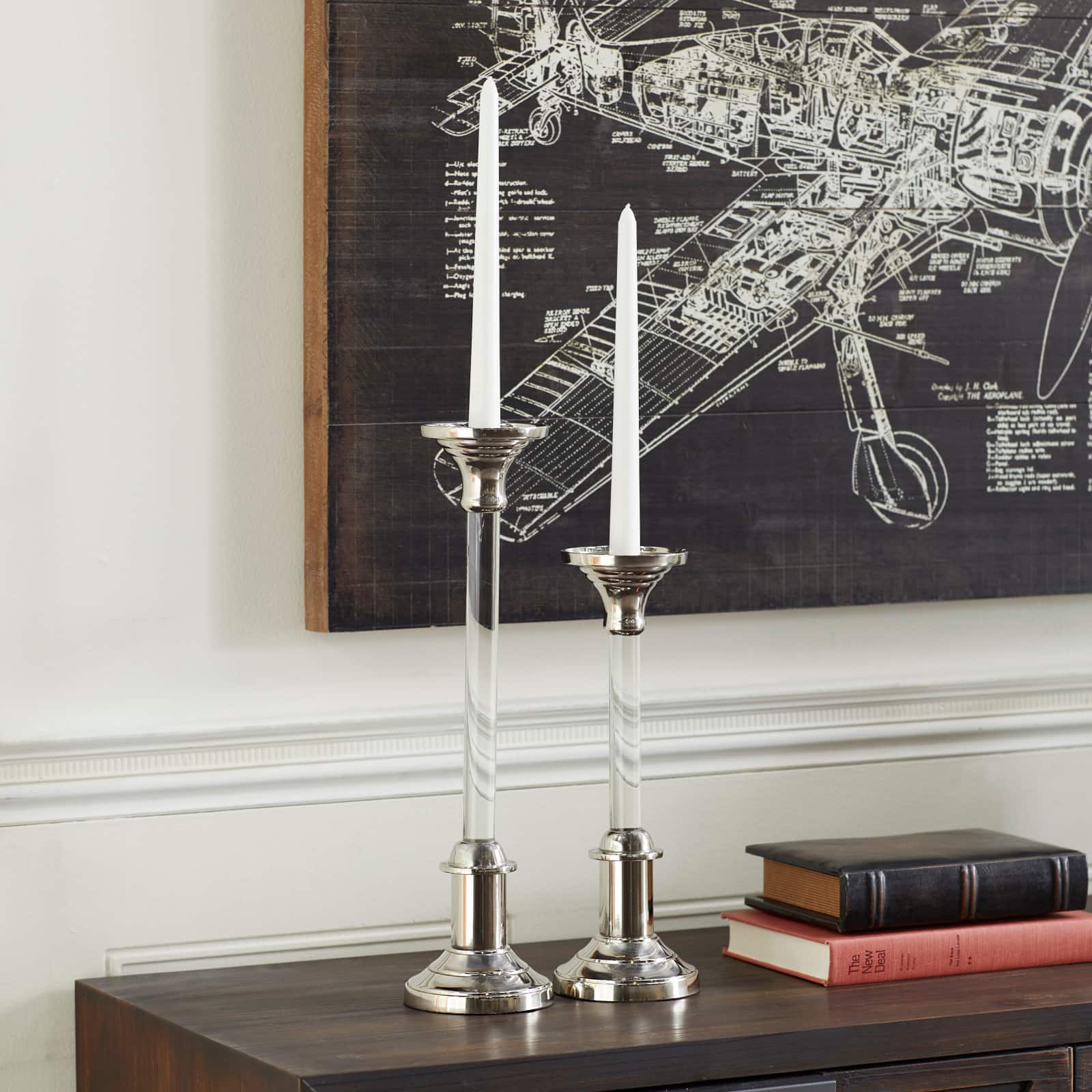 Set of 2 Silver Aluminum Glam Candle Holder, 12", 16"