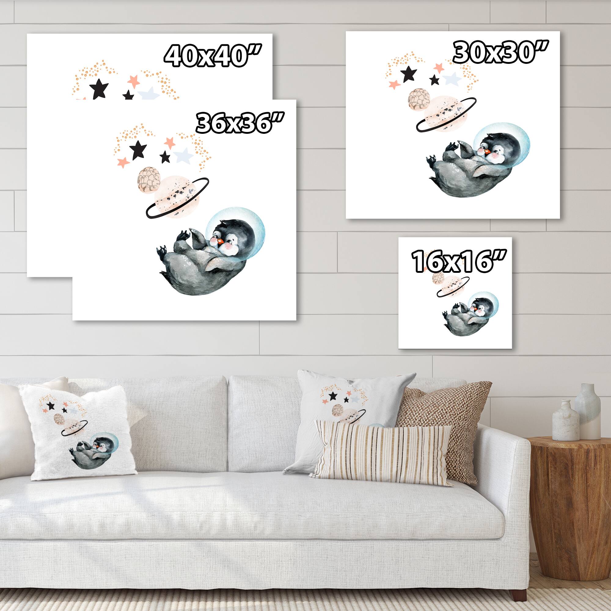 Designart - Little Penguin With Stars and Planets I - Farmhouse Canvas Wall Art Print