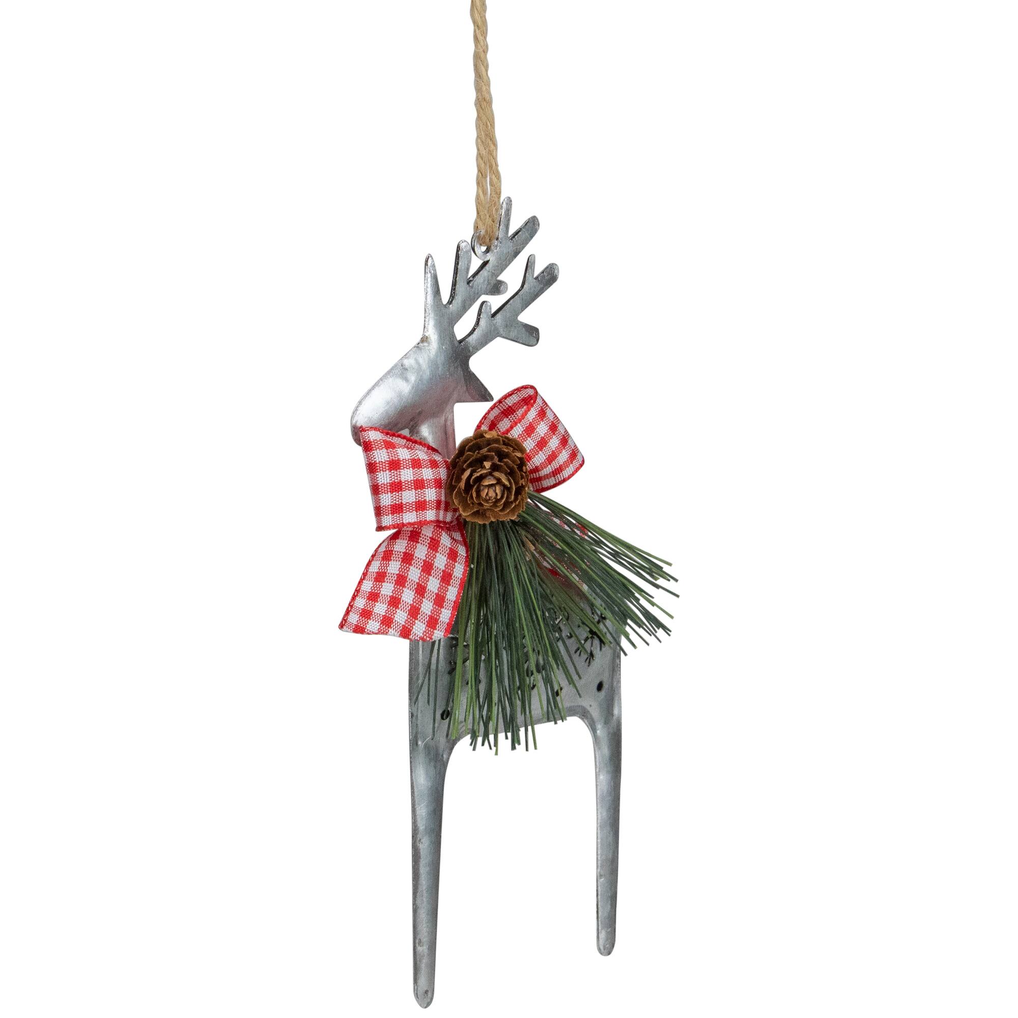 6.25" Silver Metal Reindeer Christmas Ornament With Red Gingham Bowtie & Pine