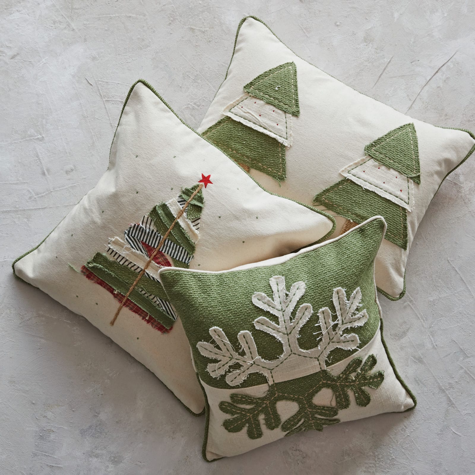 Hello Honey® Green & Cream Cotton Lumbar Pillow with Appliqued Trees