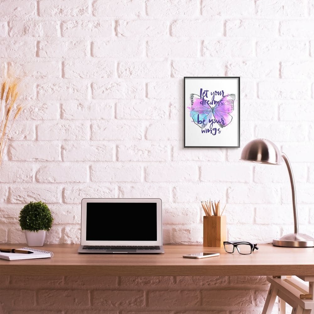 Stupell Industries Dreams Quote Purple Blue Butterfly Inspirational Sketch in Frame Wall Art