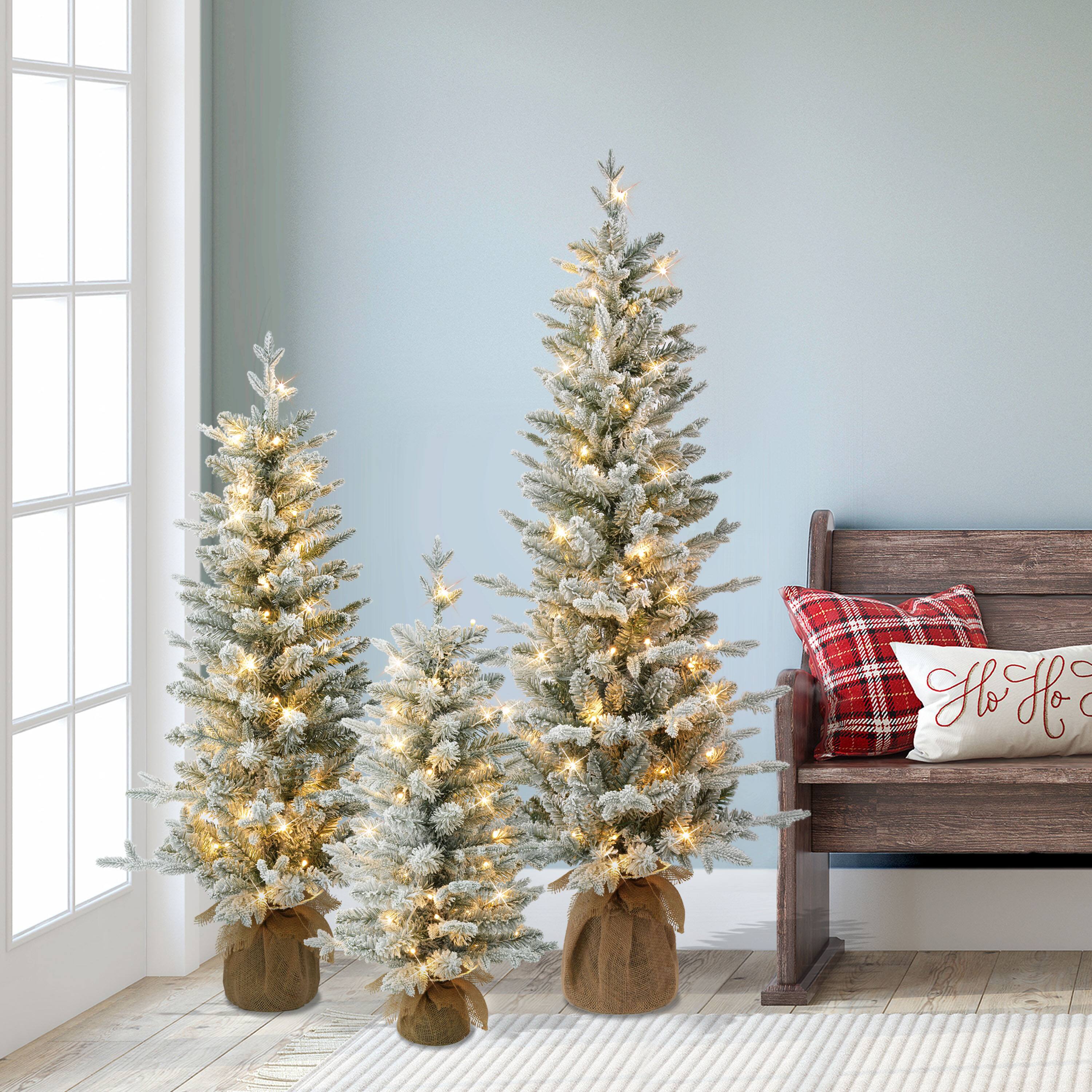 Pre-Lit Flocked Spruce Artificial Christmas Trees with Burlap Base Set, Warm White LED Lights