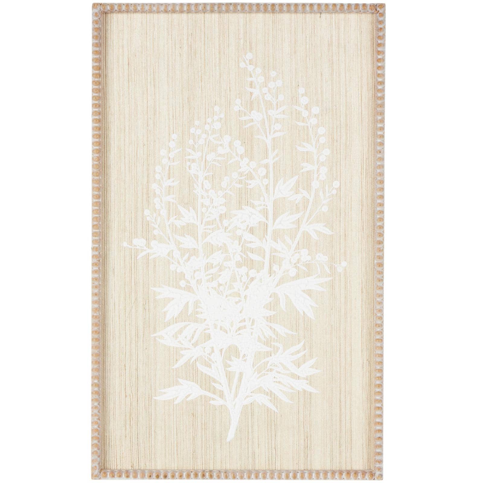 Ivory and Iris 31" x 24" Cream Floral Textured Wood Wall Décor with White Painted Accents & Beaded Frame