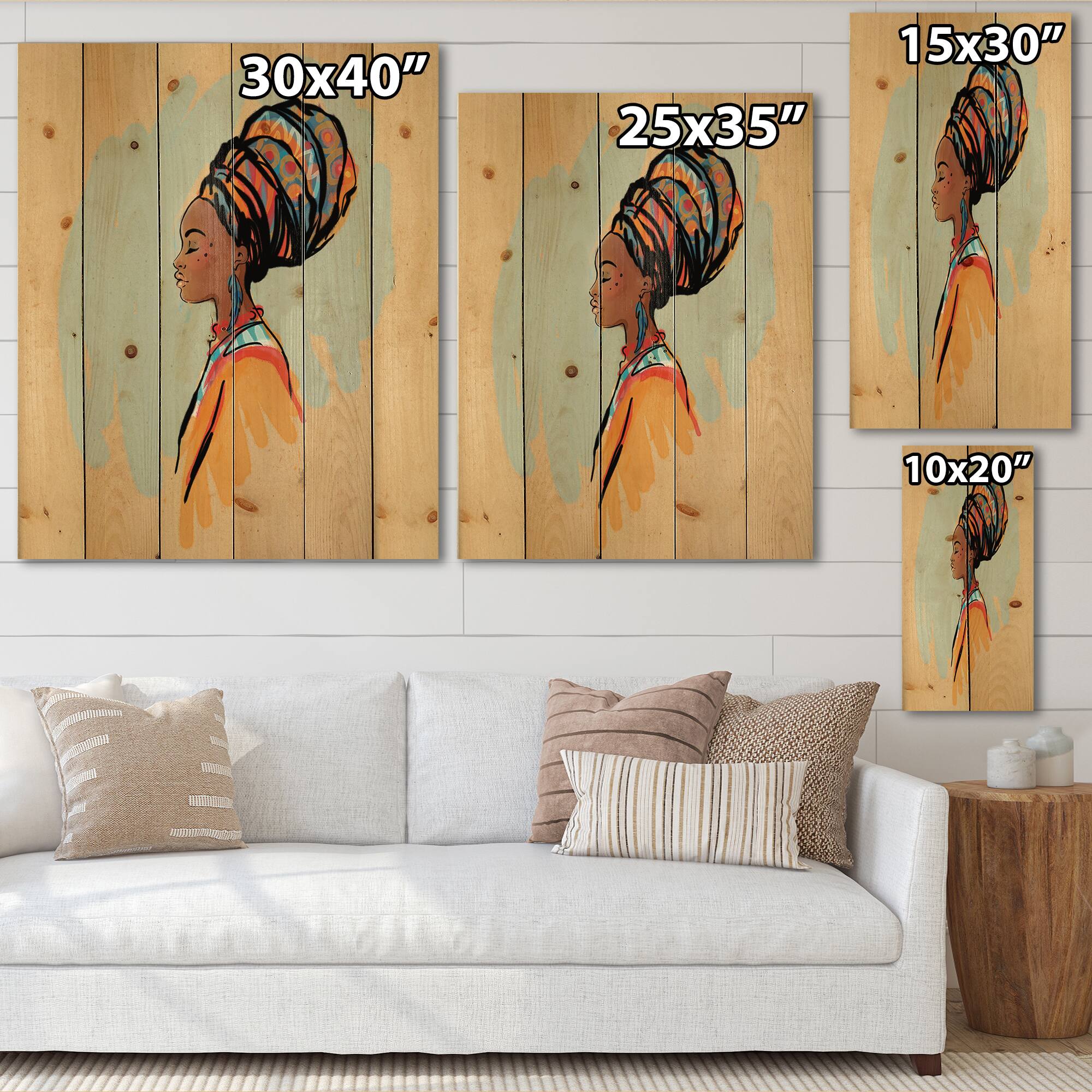 Designart - Portrait of Afro American Woman With Turban II - Modern Print on Natural Pine Wood