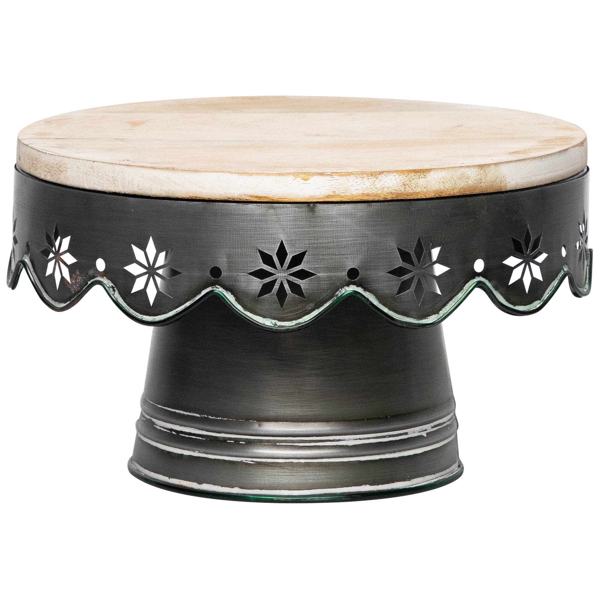 12" Laser-Cut Snowflake Distressed Iron & Wood Cake Stand