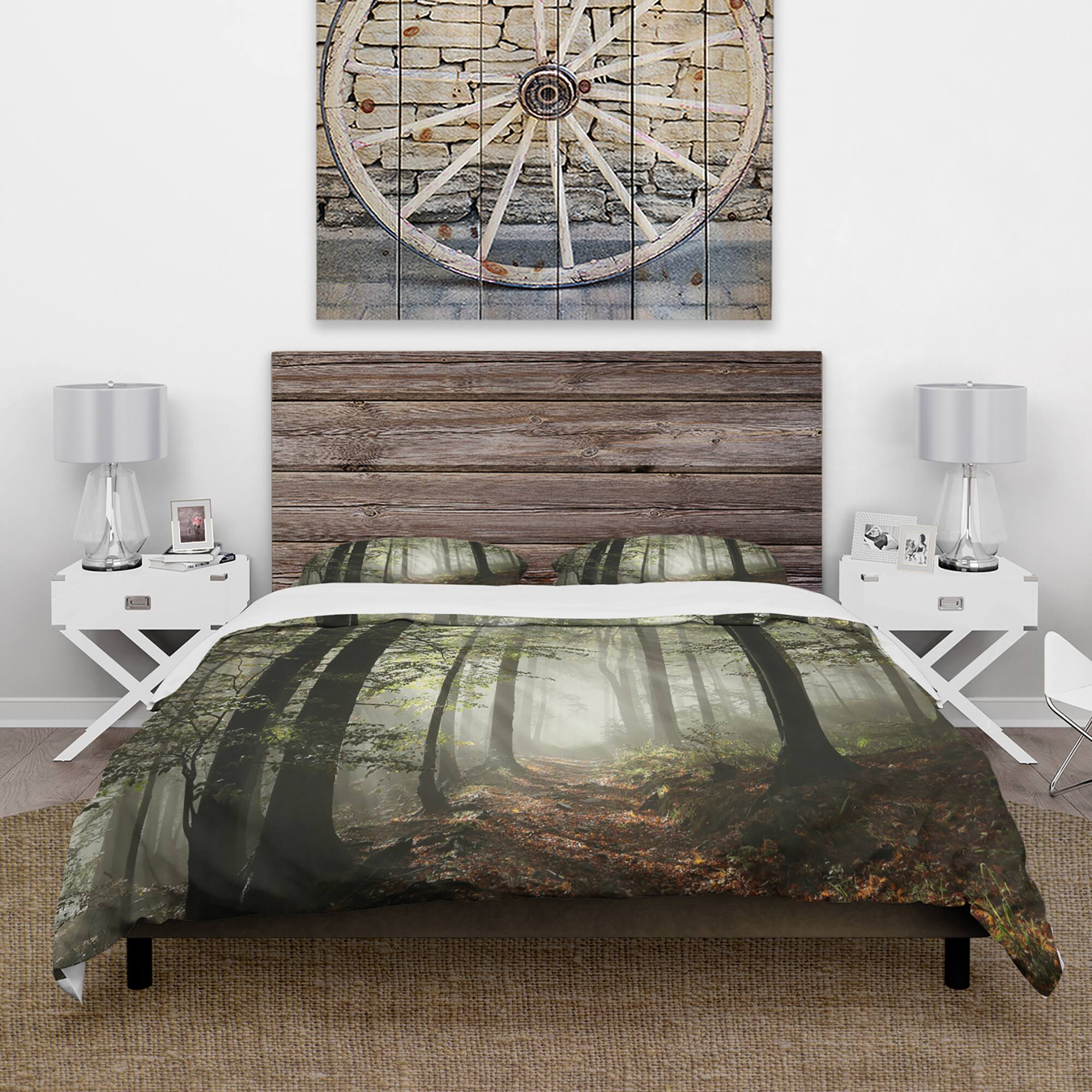 Designart 'Light in Dense Fall Forest with Fog' Traditional Bedding Set