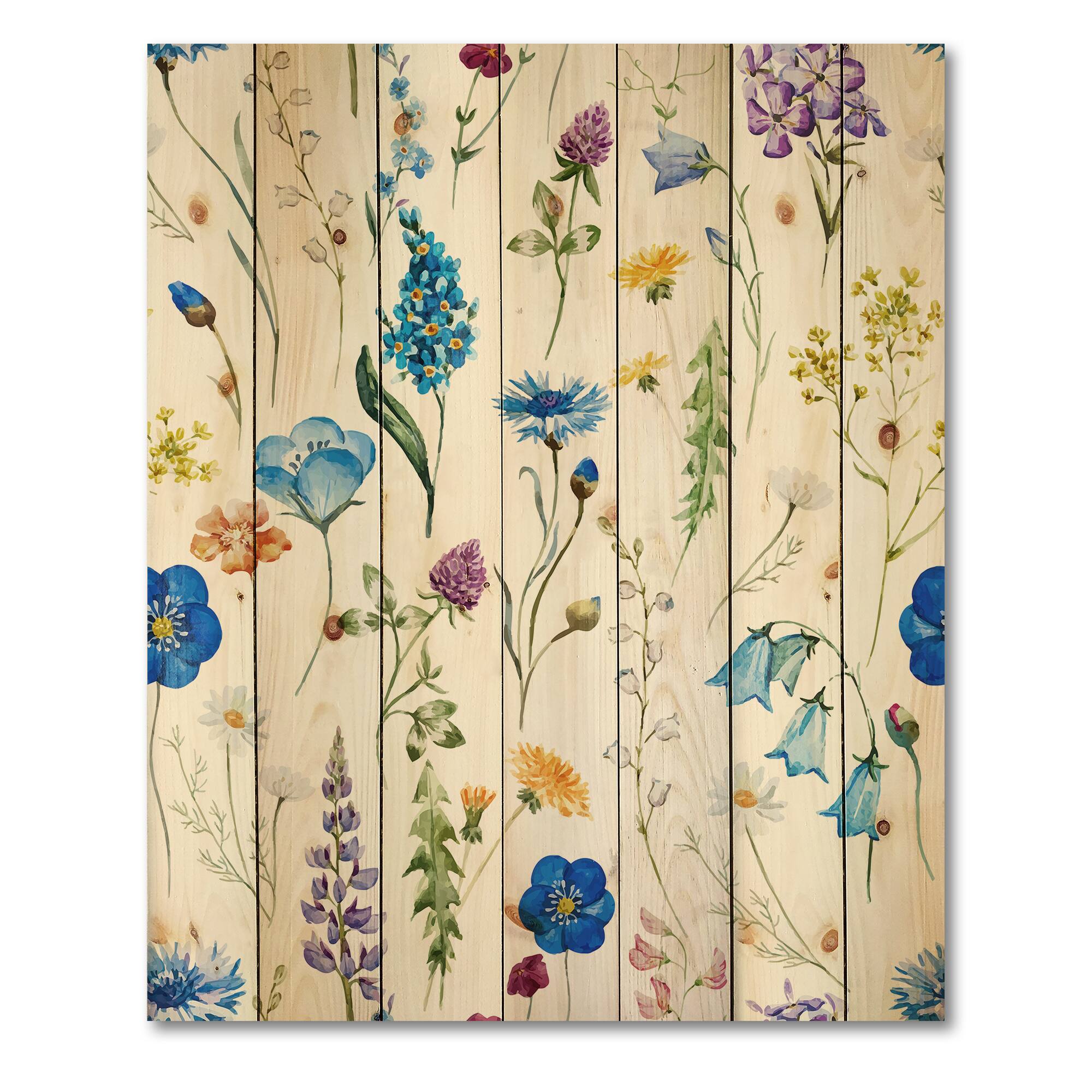 Designart - Blue Wild Flowers - Traditional Print on Natural Pine Wood