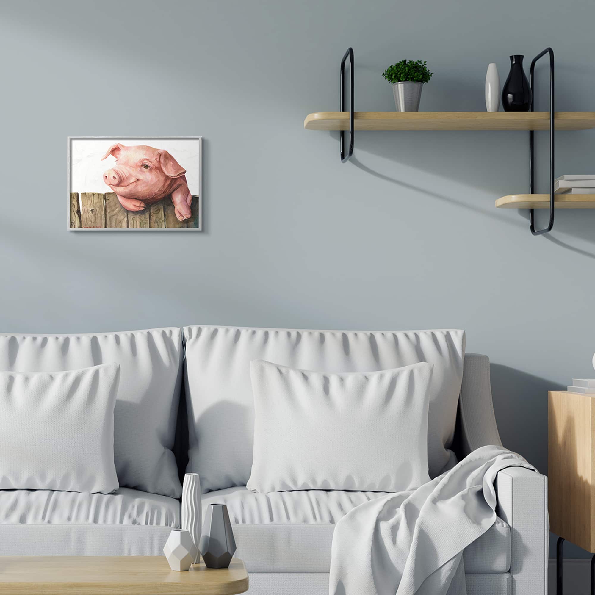 Stupell Industries Piglet on Wooden Fence Pink Farm Animal in Gray Frame Wall Art