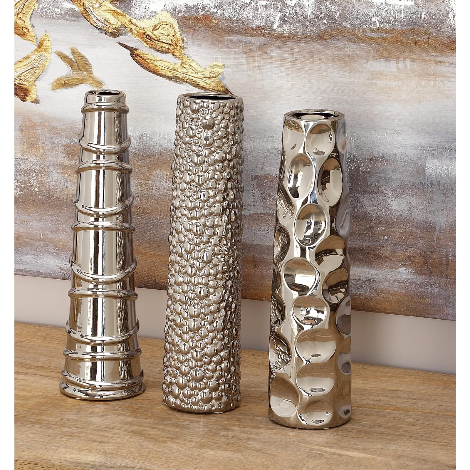 12" Silver Ceramic Abstract Glam Vase Set