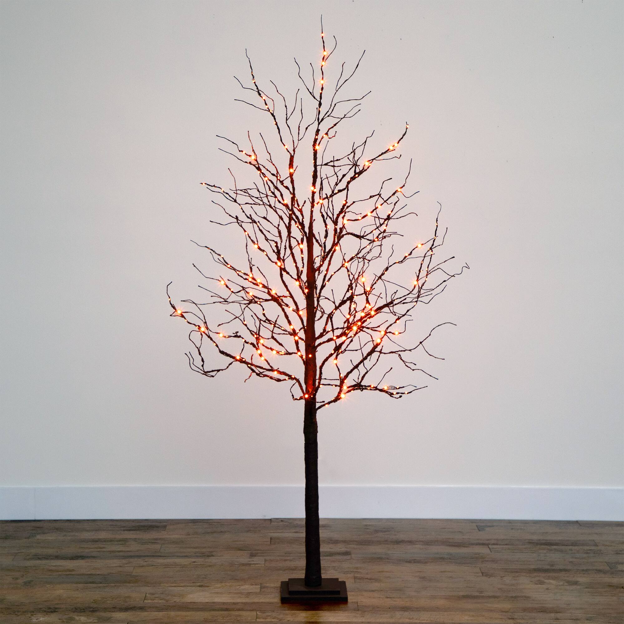 6ft. Orange & Purple LED Pre-Lit Halloween Deluxe Black Twig Artificial Fall Tree