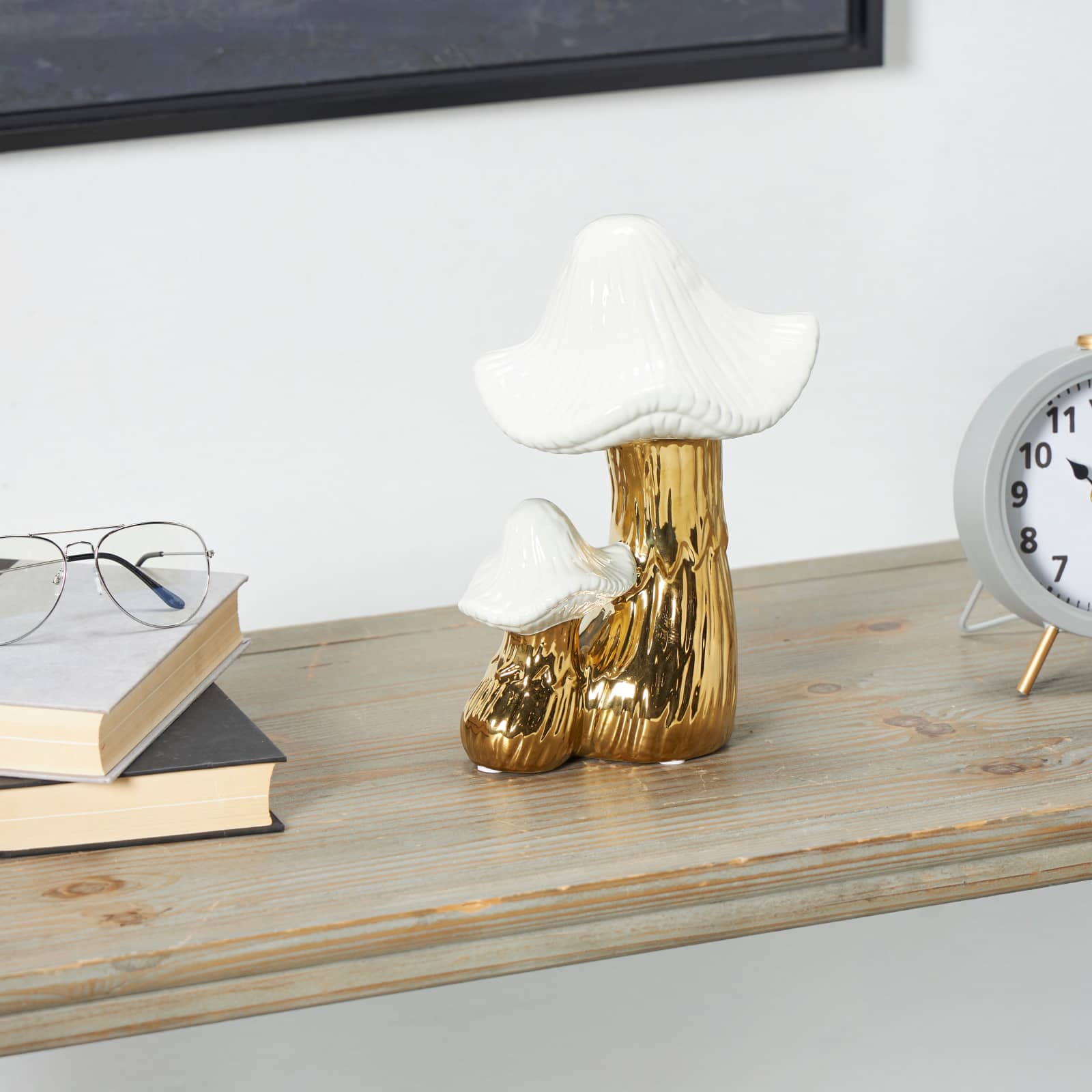 10.5" Ceramic Mushroom Sculpture with White Tops and Textured Grooves