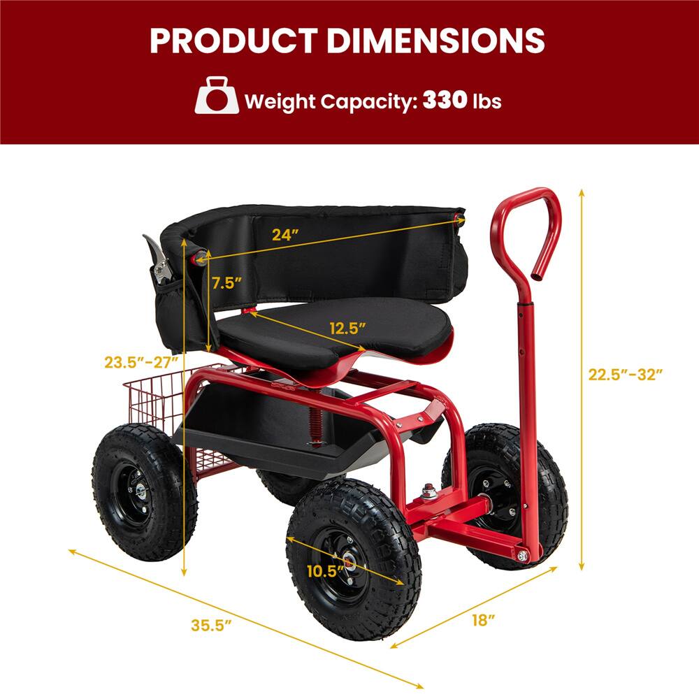Costway Height-Adjustable Rolling Garden Cart Scooter with Swivel Seat