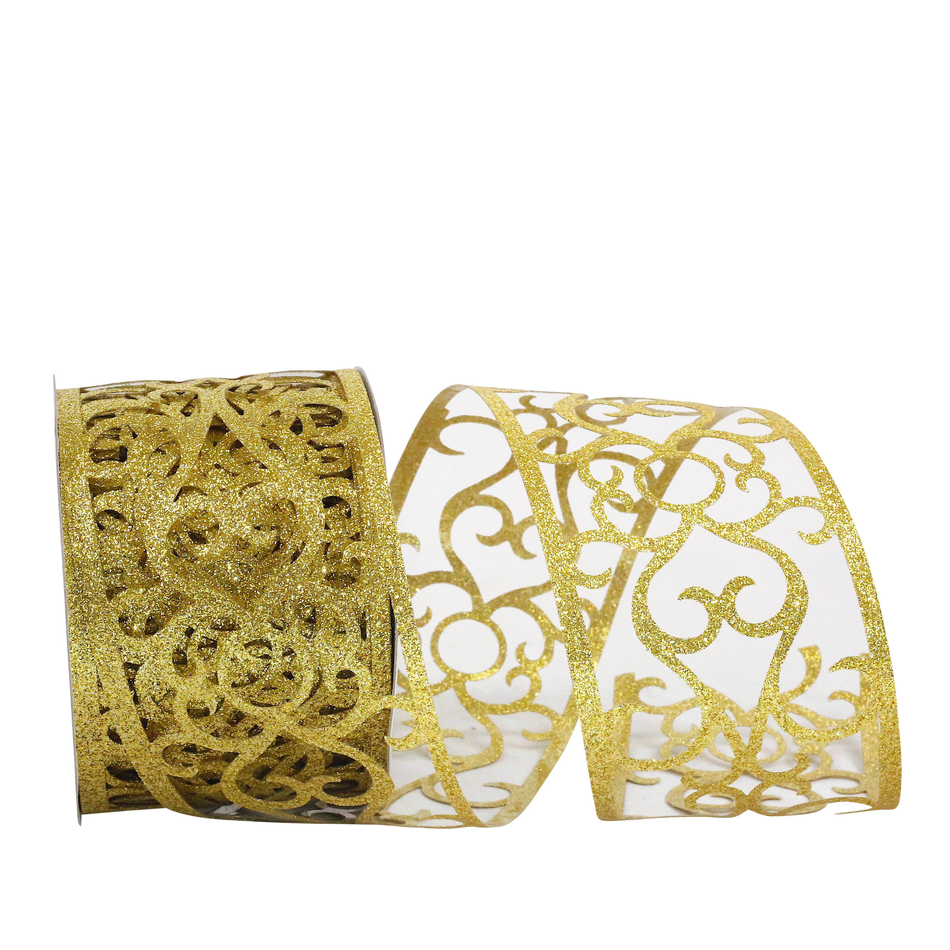 JAM Paper 2.5" x 10yd. Gold Glitter Scroll Wired Sheer Ribbon