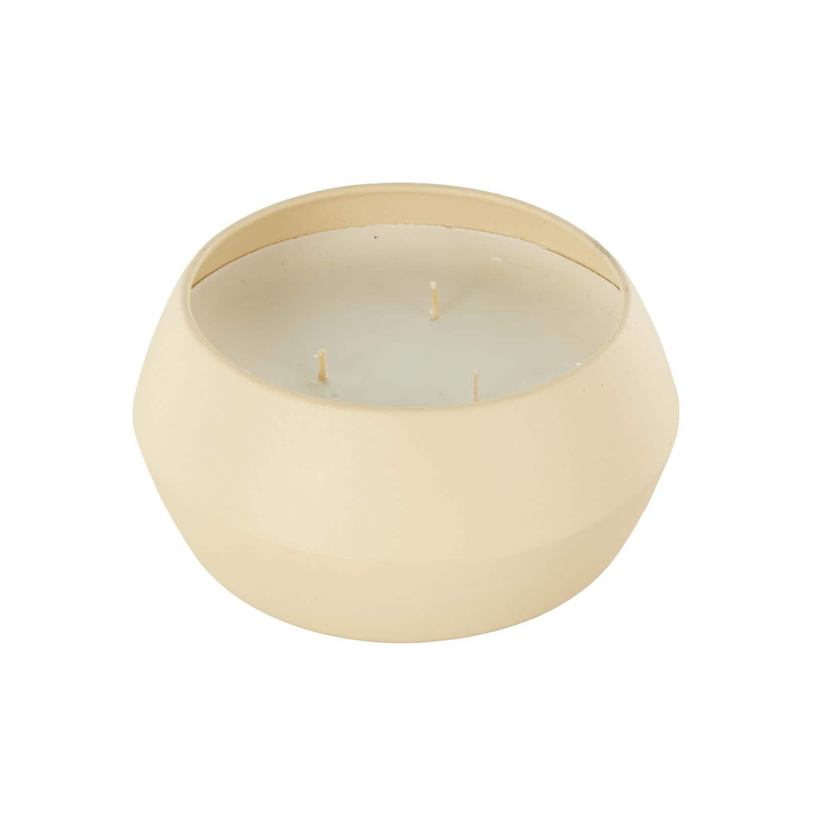 Ivory and Iris 6.25" Beige with White Wax 3 Wick Rose Blossom & Sandalwood Scented Textured Metal Candle