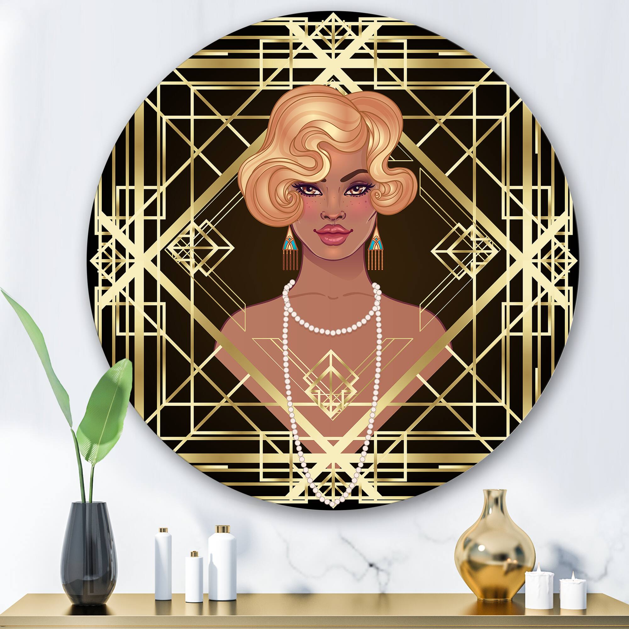 Designart - Retro Women In Golden Art Deco Geometrics III - Modern Metal Circle Wall Art
