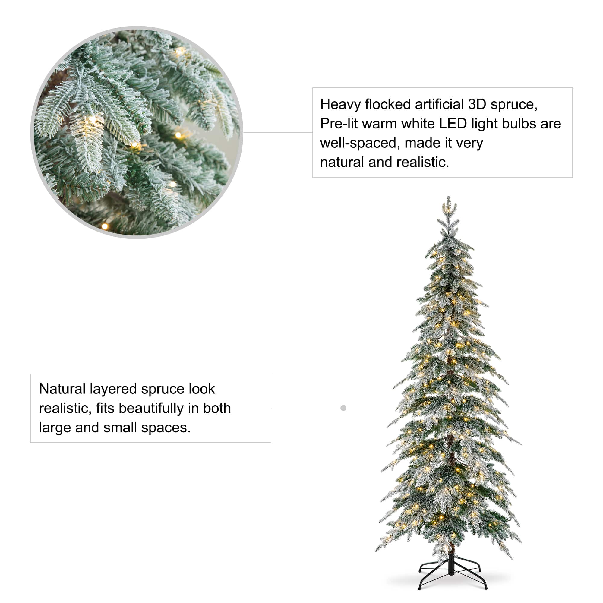 7.5ft. Pre-Lit Flocked Pencil Spruce Artificial Christmas Tree, Warm White LED Lights