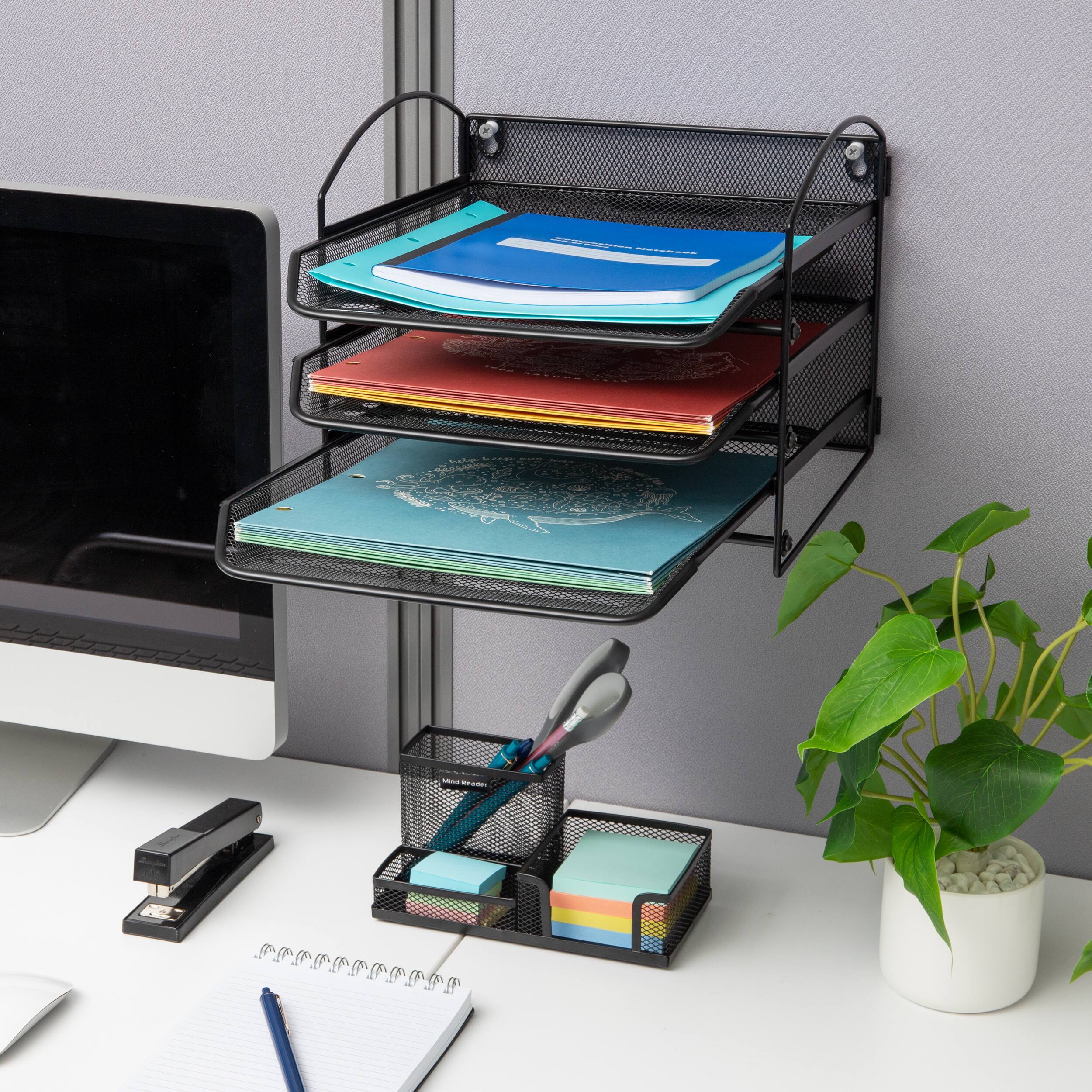 Mind Reader 3-Tier Paper Tray, Desktop Organizer, Wall Mountable, Office, Metal Mesh, 11.5"L x 14.25"W x 9.75"H, Black