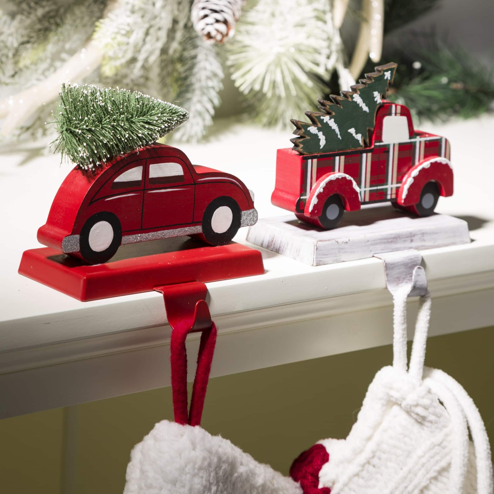 Glitzhome® 6" Red Car & Truck Stocking Holder Set