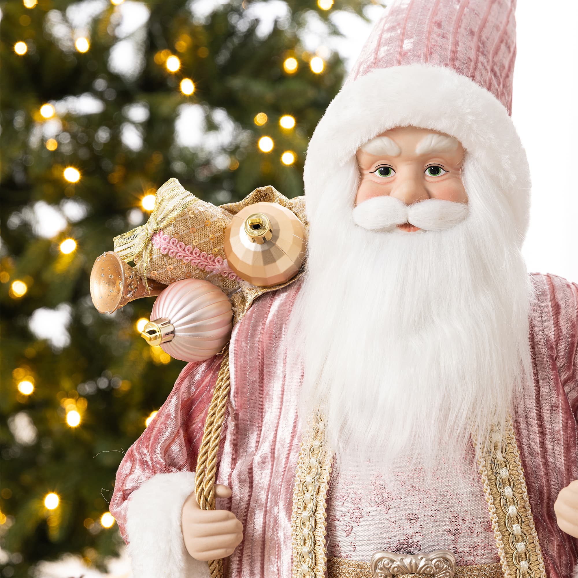 Glitzhome® 18" Faux Fur Deluxe Pink Christmas Santa Figurine with Porcelain Face
