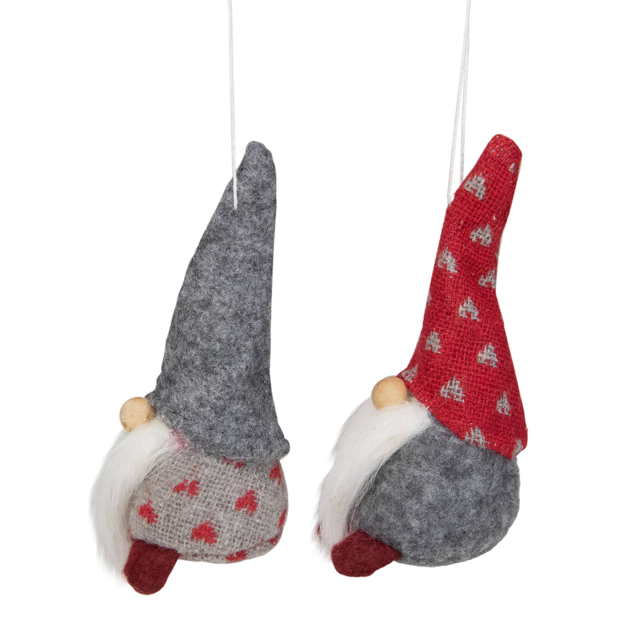 Santa Gnomes Christmas Ornaments - 4.25" - Gray and Red - Set of 2