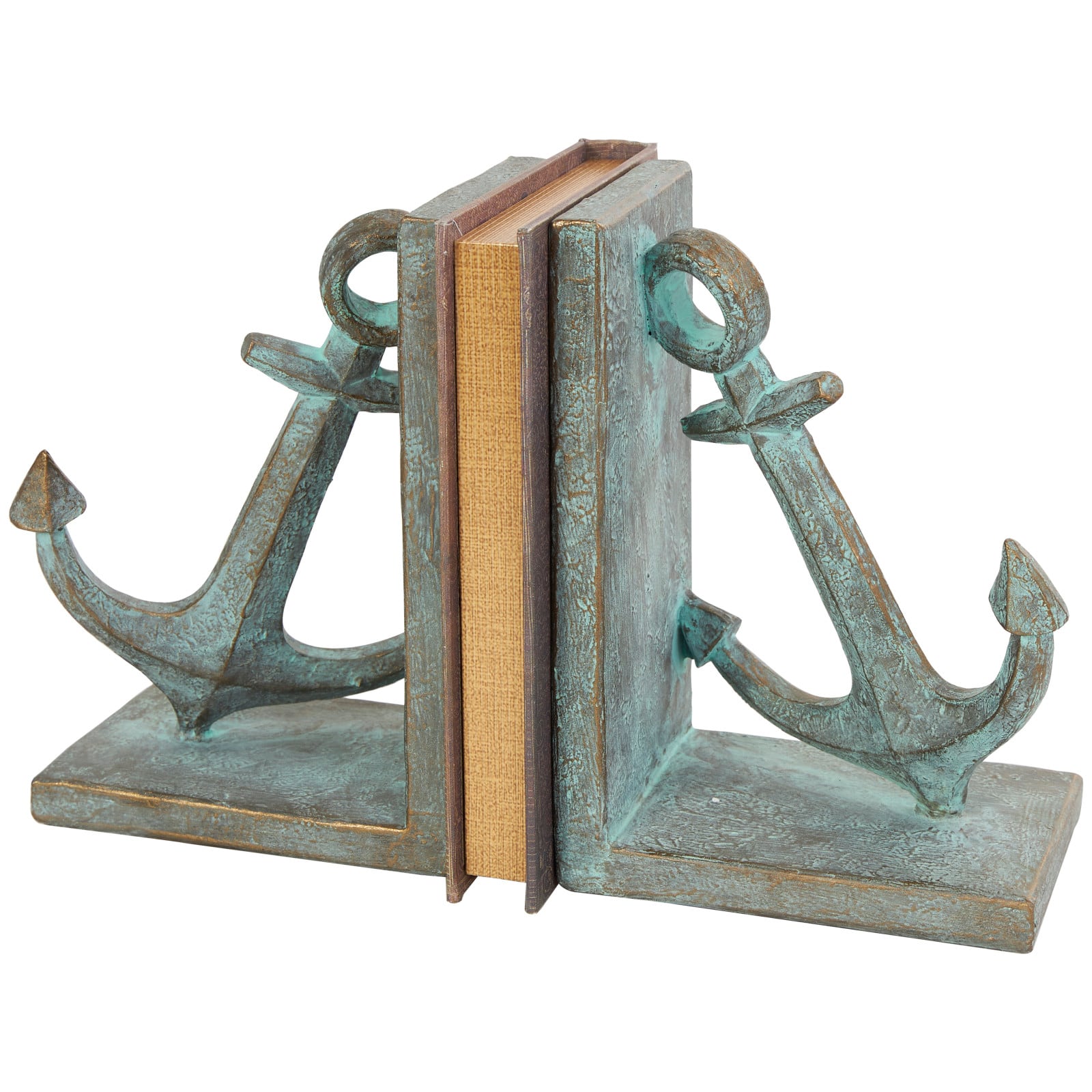 8.5" Blue Polystone Anchor Distressed Patina Bookends with Gold Foil Accents Set