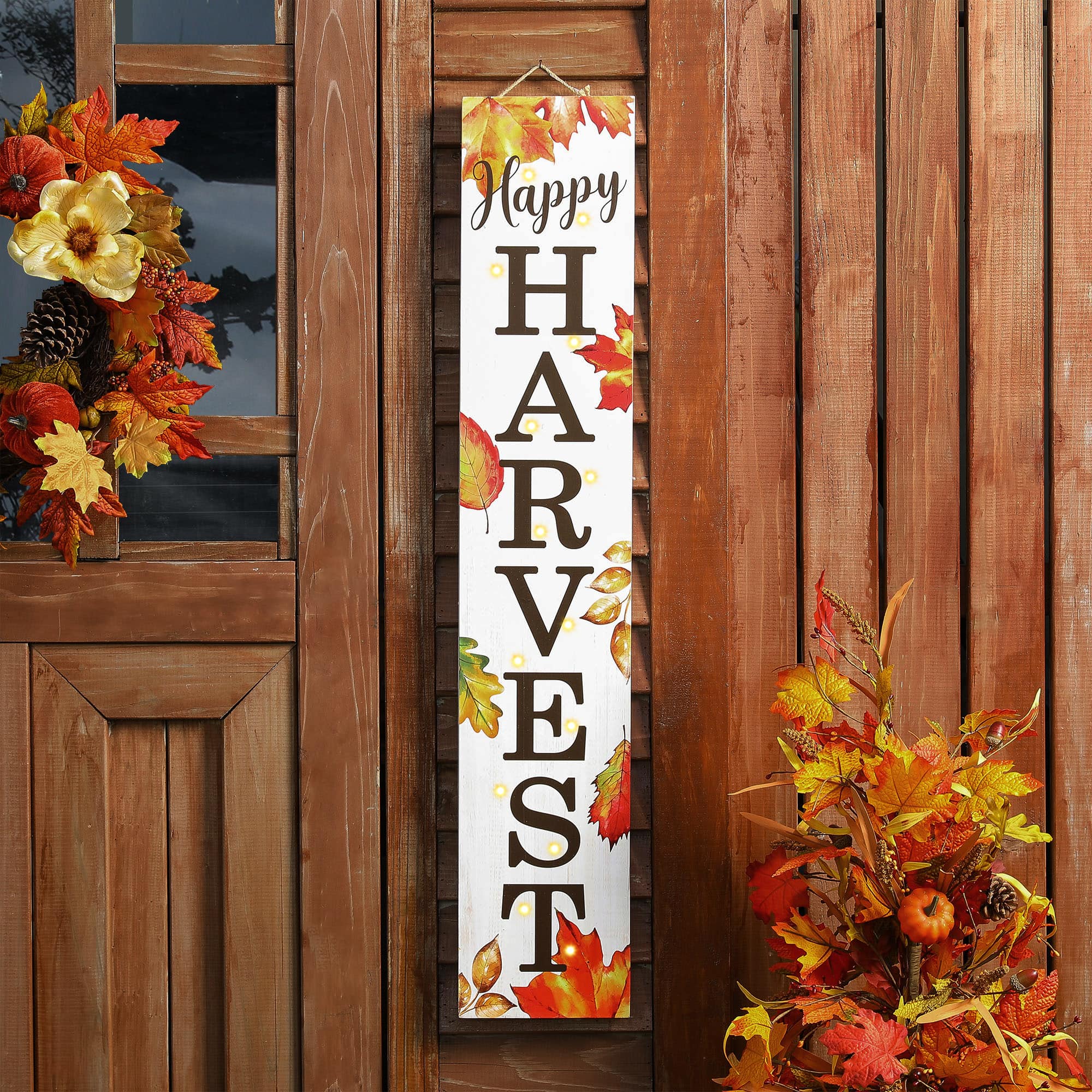Glitzhome® 42" Fall Lighted Maple Leaves Wooden Porch Sign with Timer