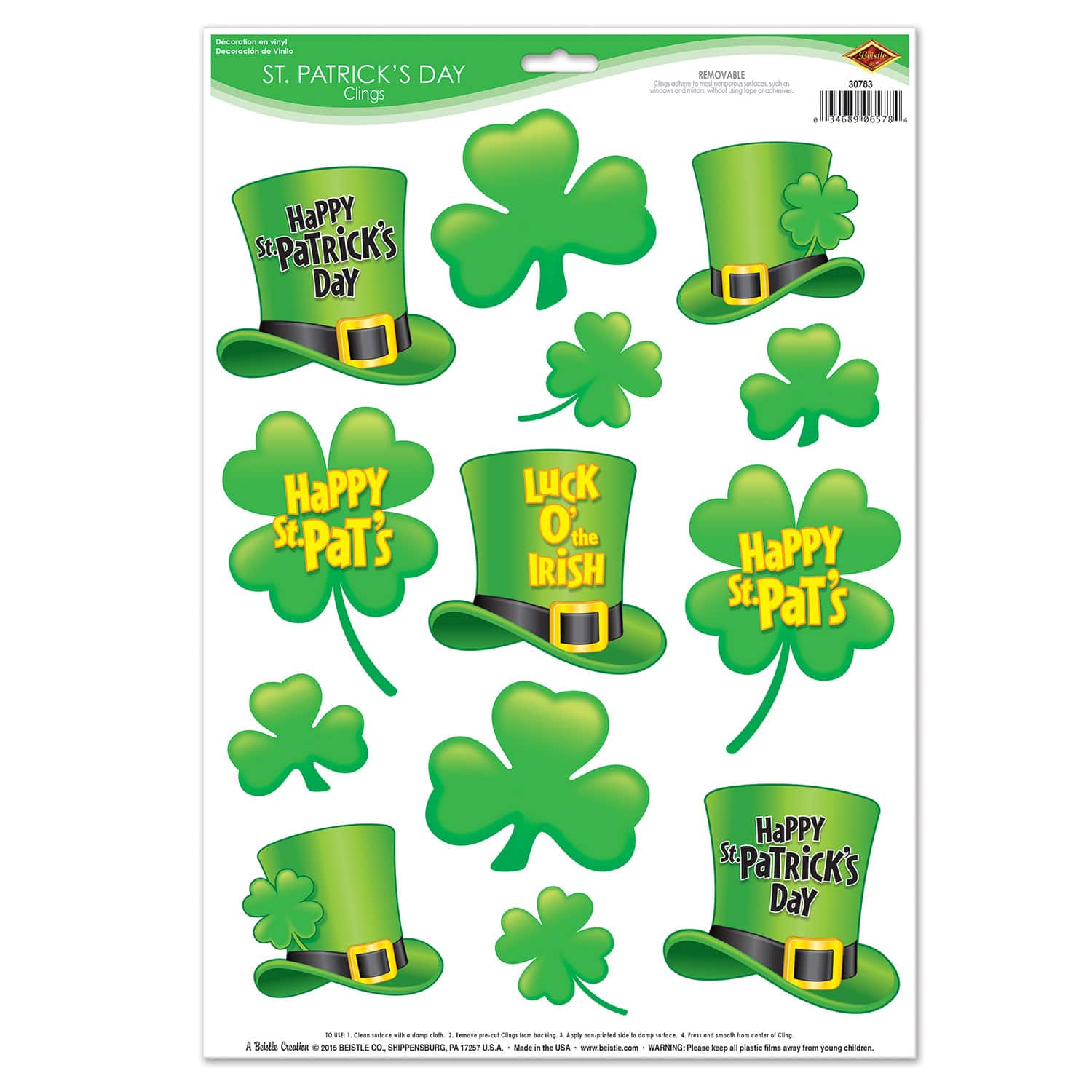 Beistle Green St. Patrick's Day Top Hat & Clover Clings Sheets, 3ct.