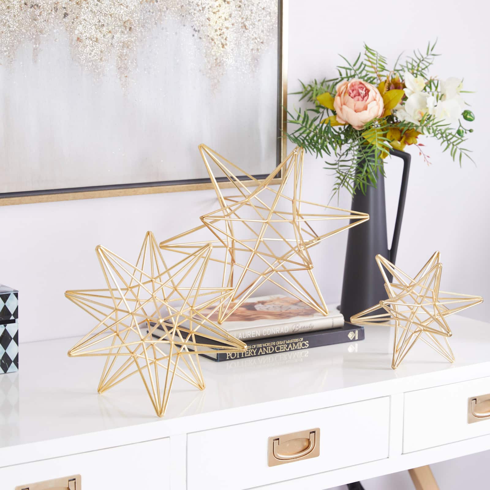 CosmoLiving by Cosmopolitan Set of 3 Gold Iron Glam Sculpture, 12" x 13" x 14"