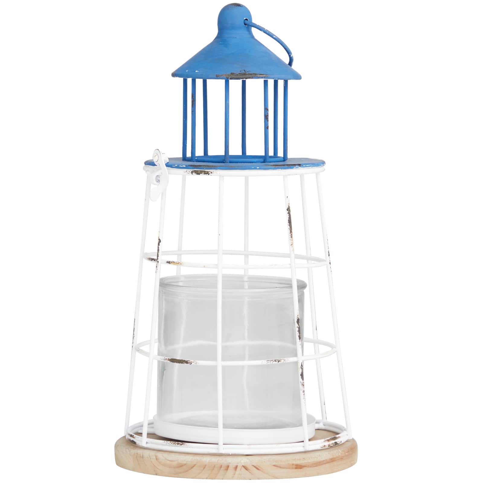 12" Blue Metal Distressed Decorative Light House Candle Lantern