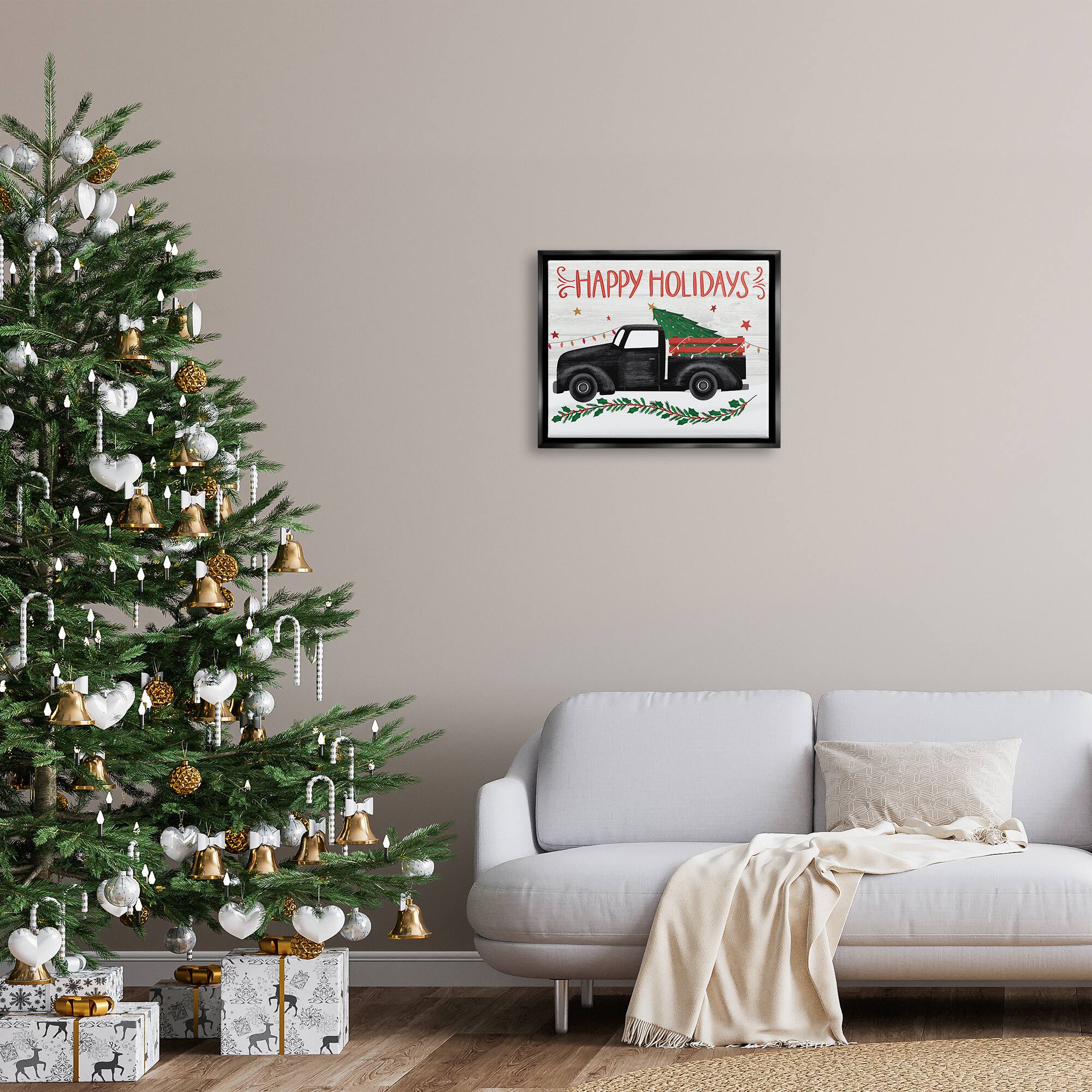 Stupell Industries Happy Holidays Christmas Tree Truck Framed Floater Canvas Wall Art