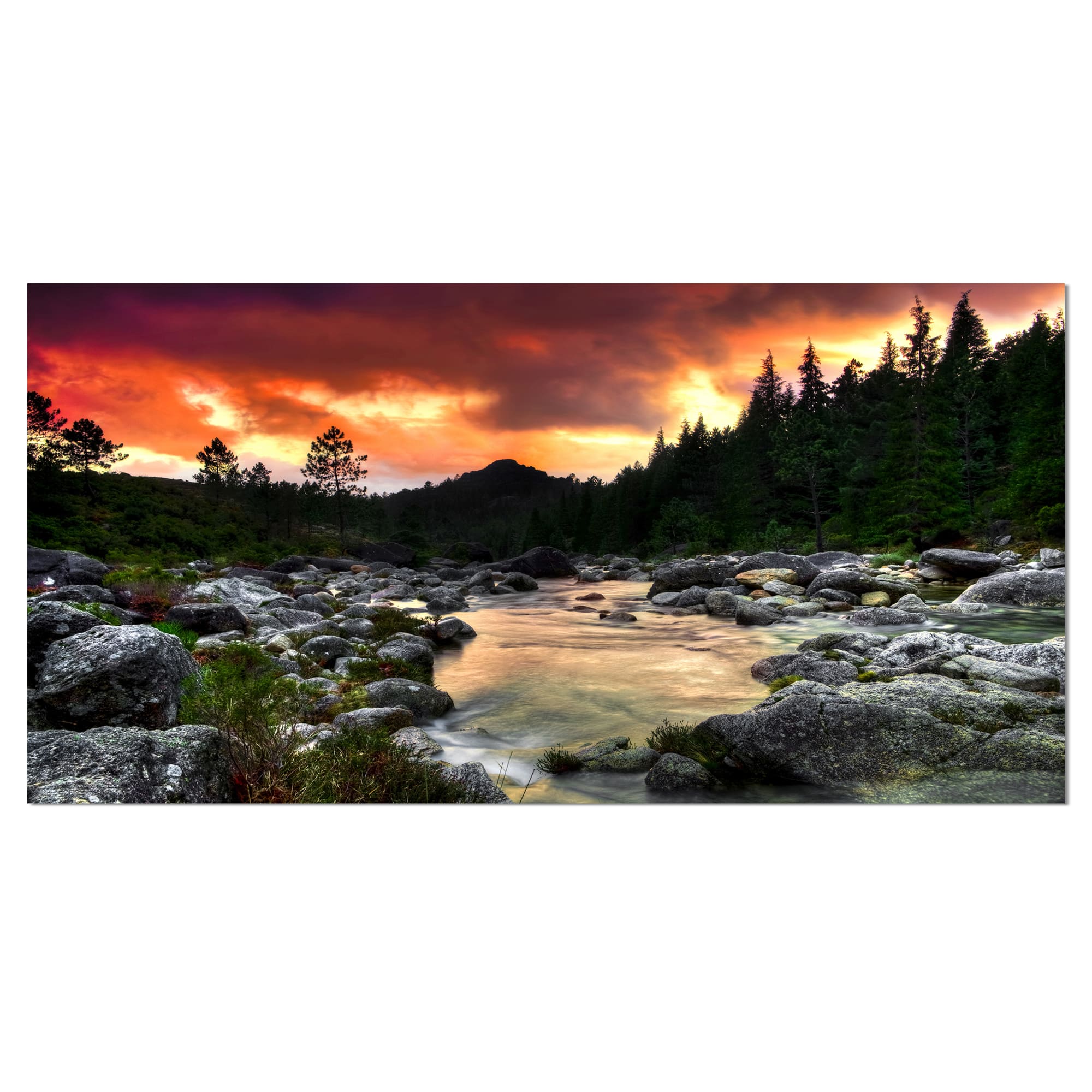 Designart - Rocky Mountain River at Sunset - Extra Large Wall Art Landscape