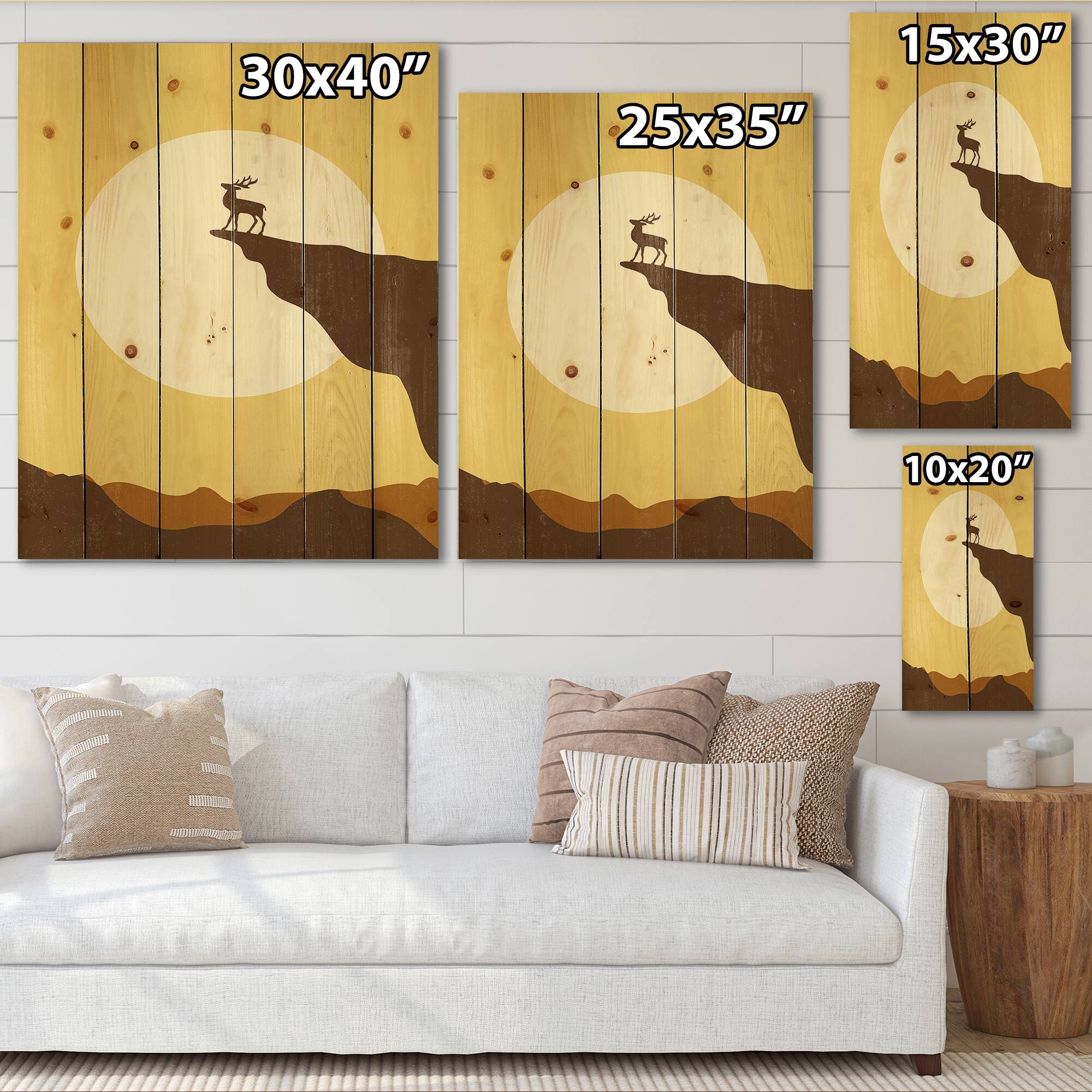 Designart - Minimalistic Deer At Sunset On Mountain Top Sunset - Lake House Print on Natural Pine Wood