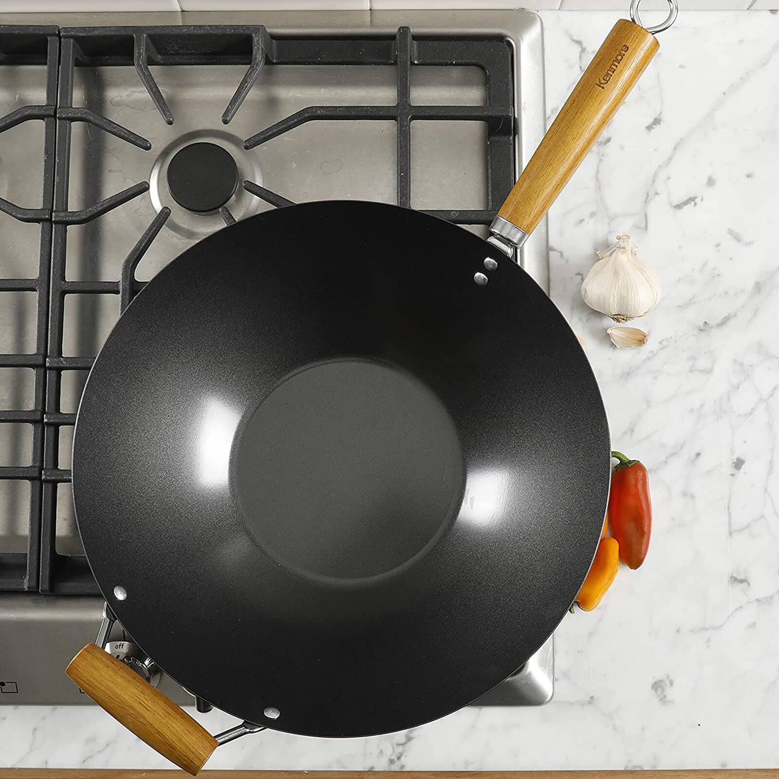 Kenmore® Hammond 14'' Black Flat Bottom Carbon Steel Wok with Wooden Handles