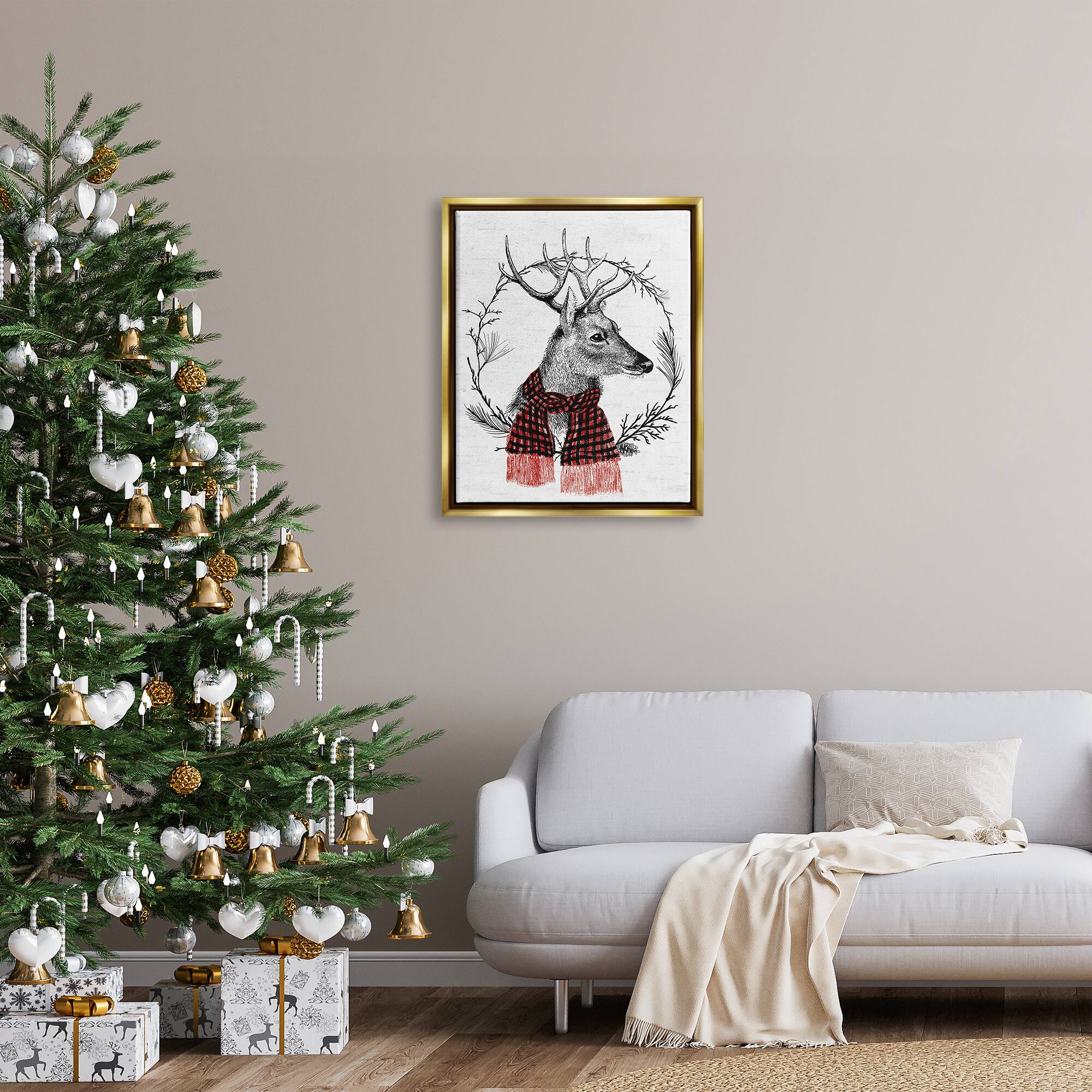 Stupell Industries Deer Winter Botanical Wreath Framed Floater Canvas Wall Art