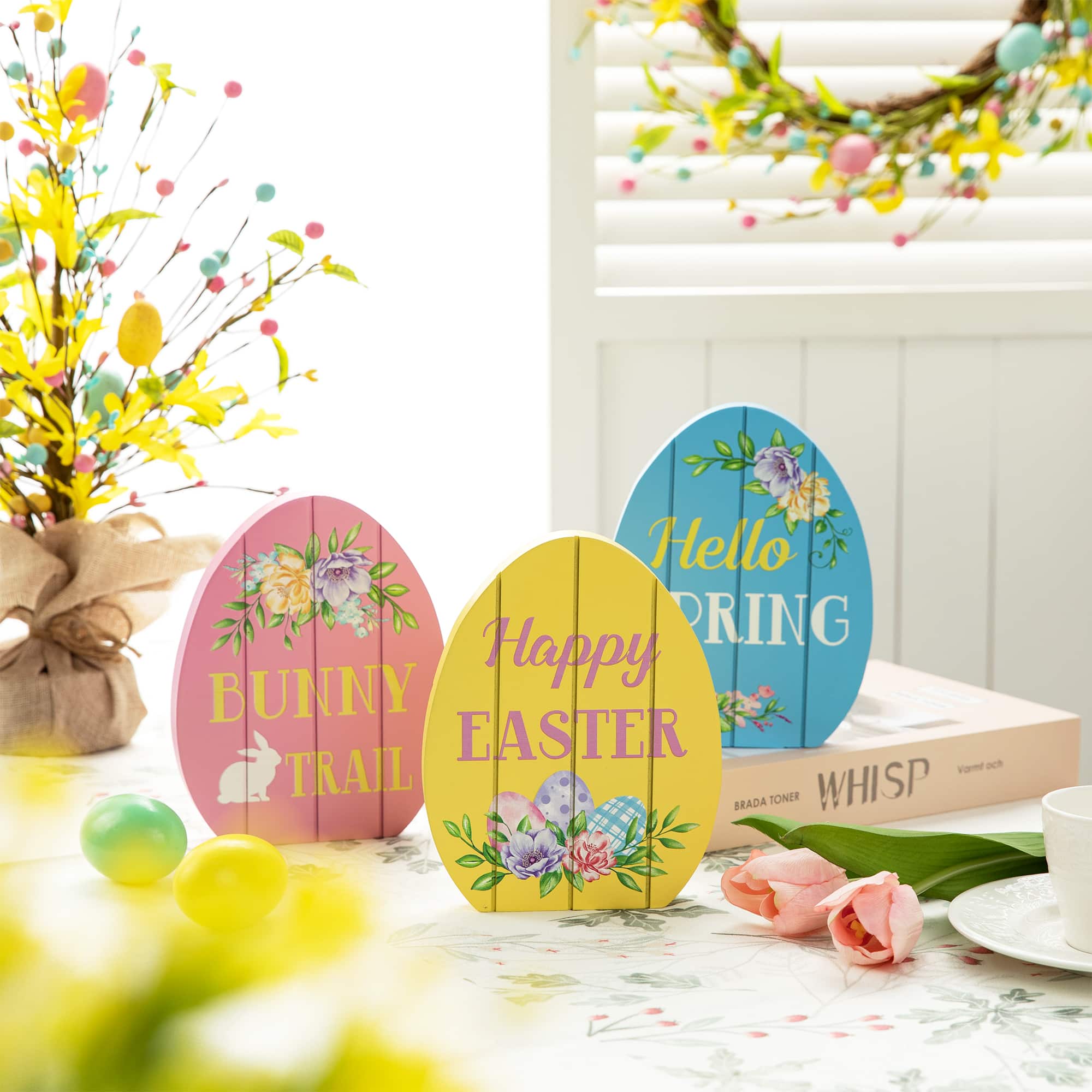 Glitzhome® 7.5" Set of 3 Easter Wooden Easter Egg Table Decor