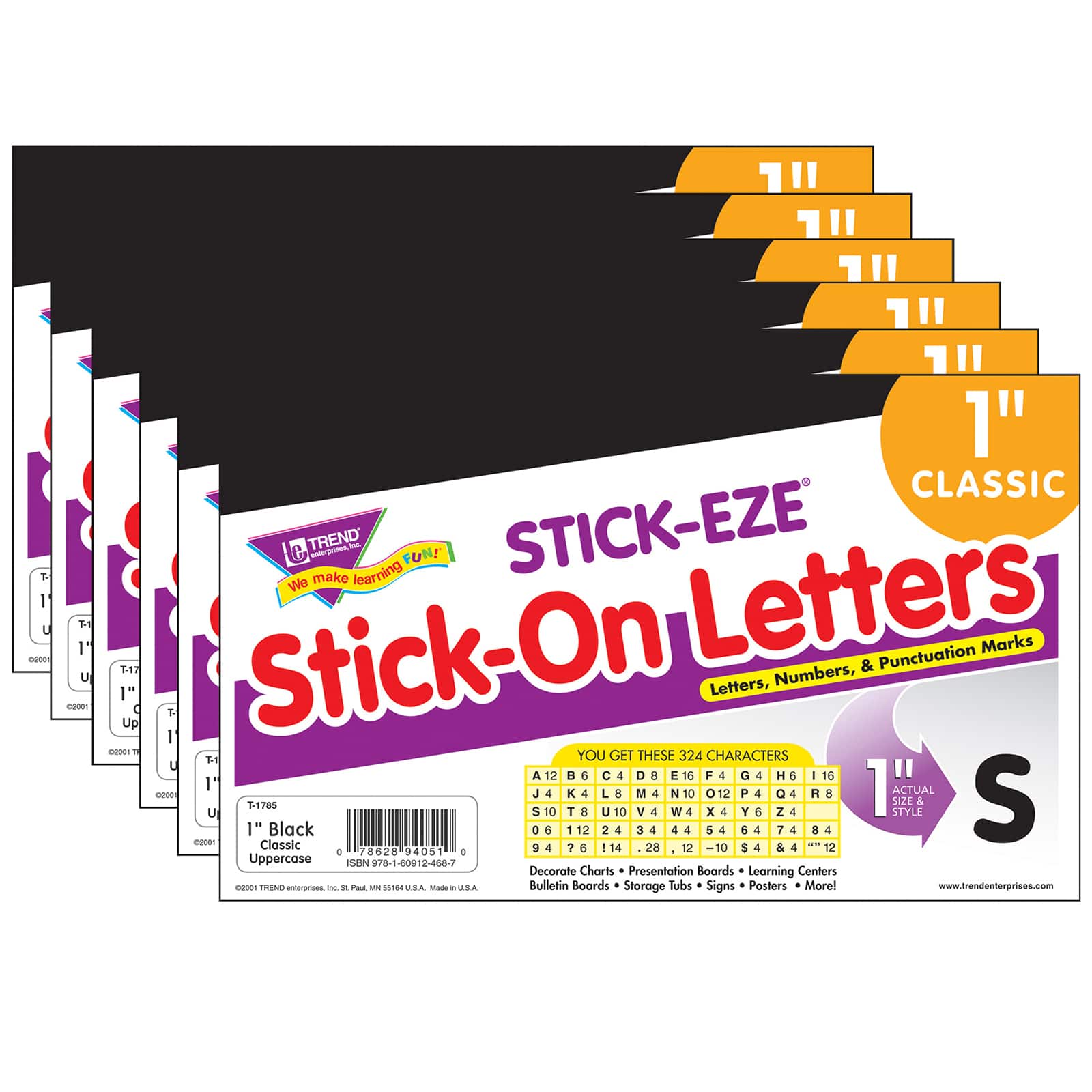TREND Enterprises® Black 1" STICK-EZE® Stick-On Letters, 324 Pieces Per Pack, 6 Packs total of 1944