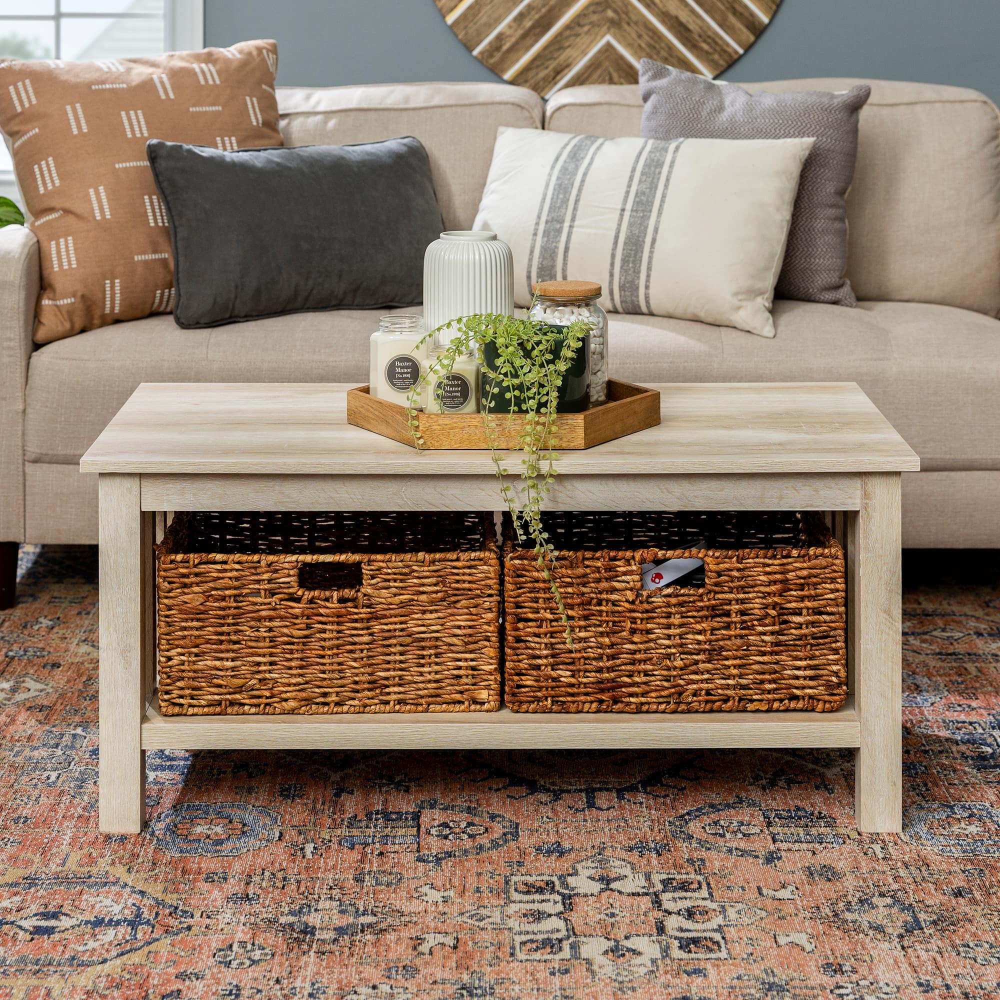 Walker Edison 40" White Oak Mission Storage Coffee Table with Baskets